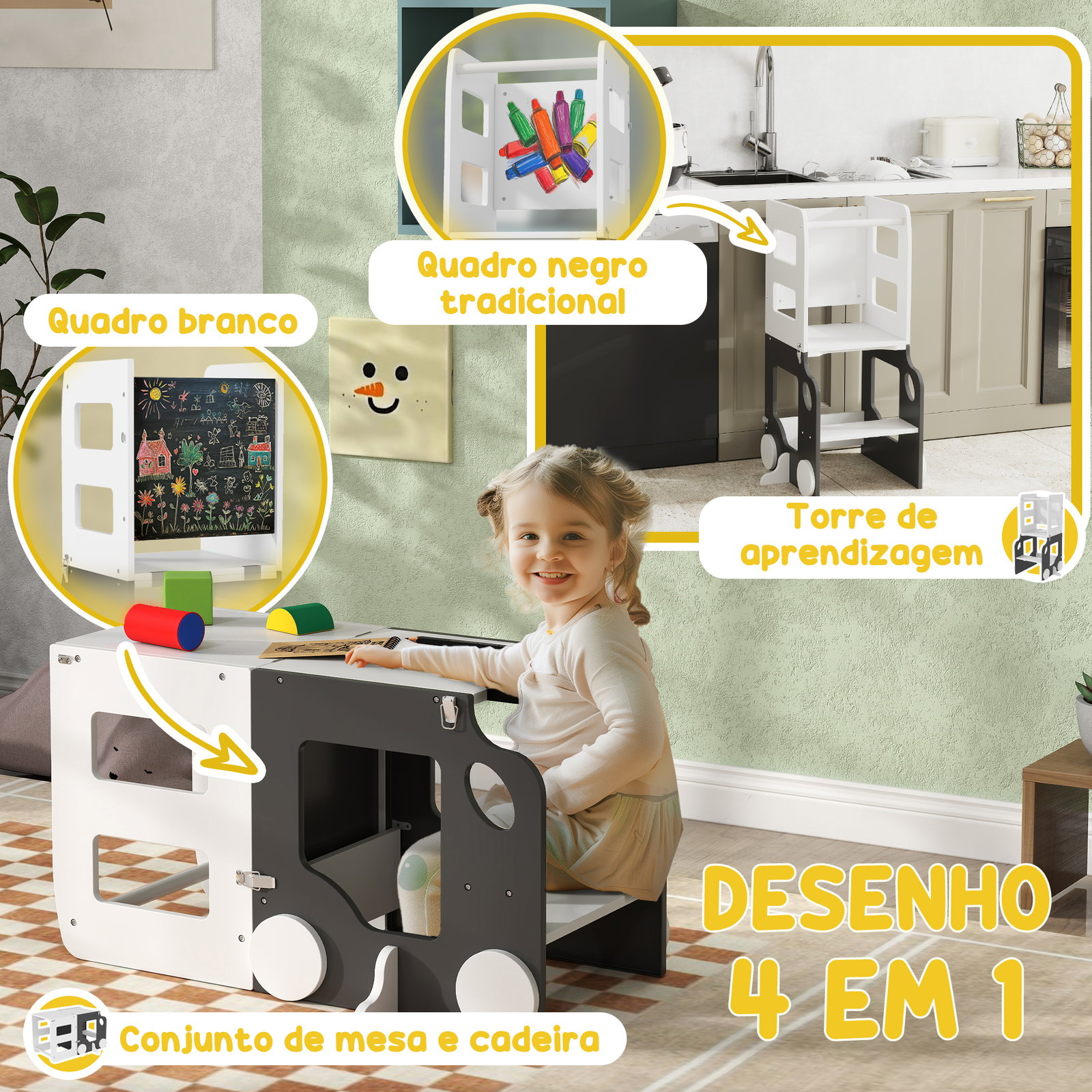 Torre de aprendizagem 4 em 1 para crianças em forma de carro convertível em mesa e cadeira 58x46x92 cm branco e cinza