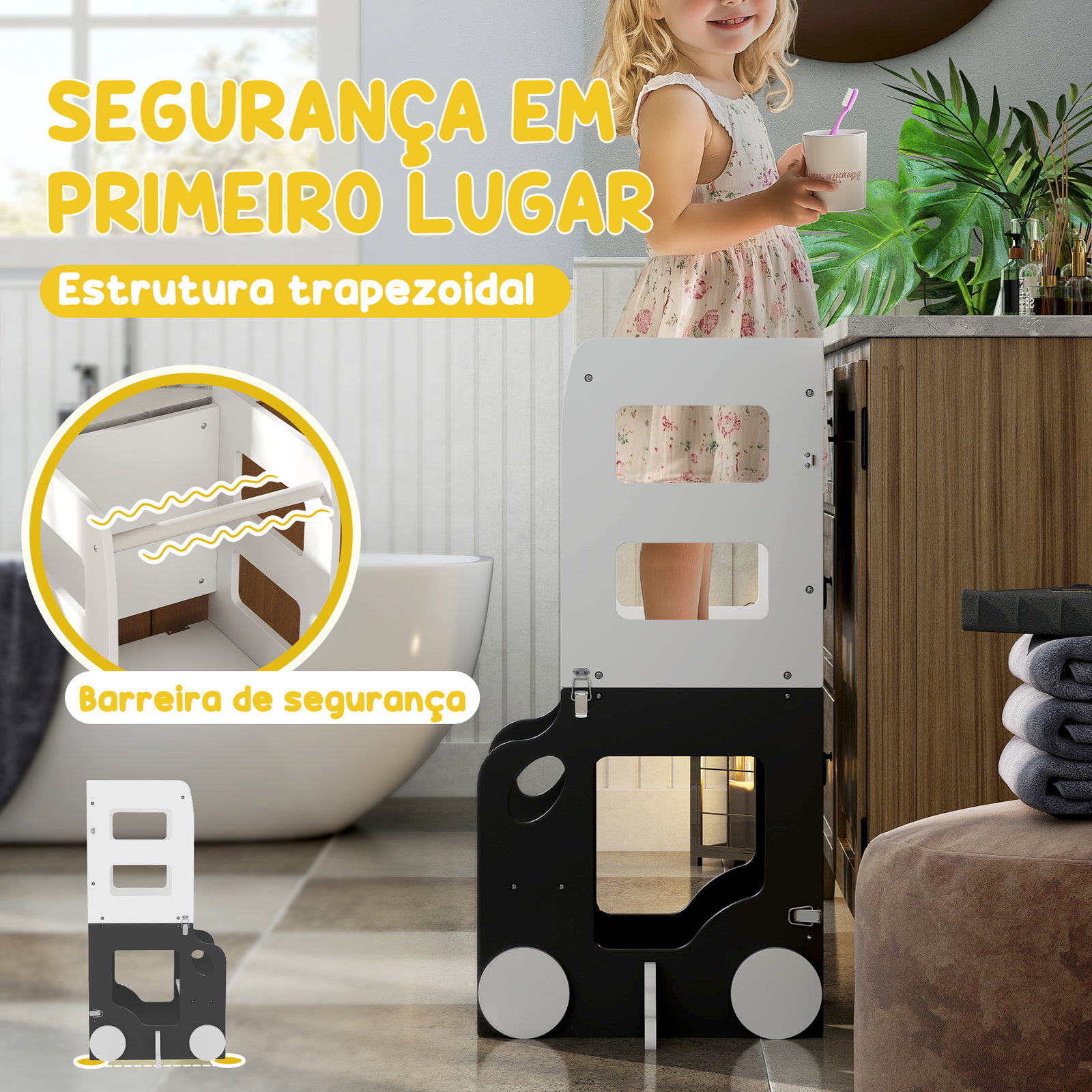 Torre de aprendizagem 4 em 1 para crianças em forma de carro convertível em mesa e cadeira 58x46x92 cm branco e cinza