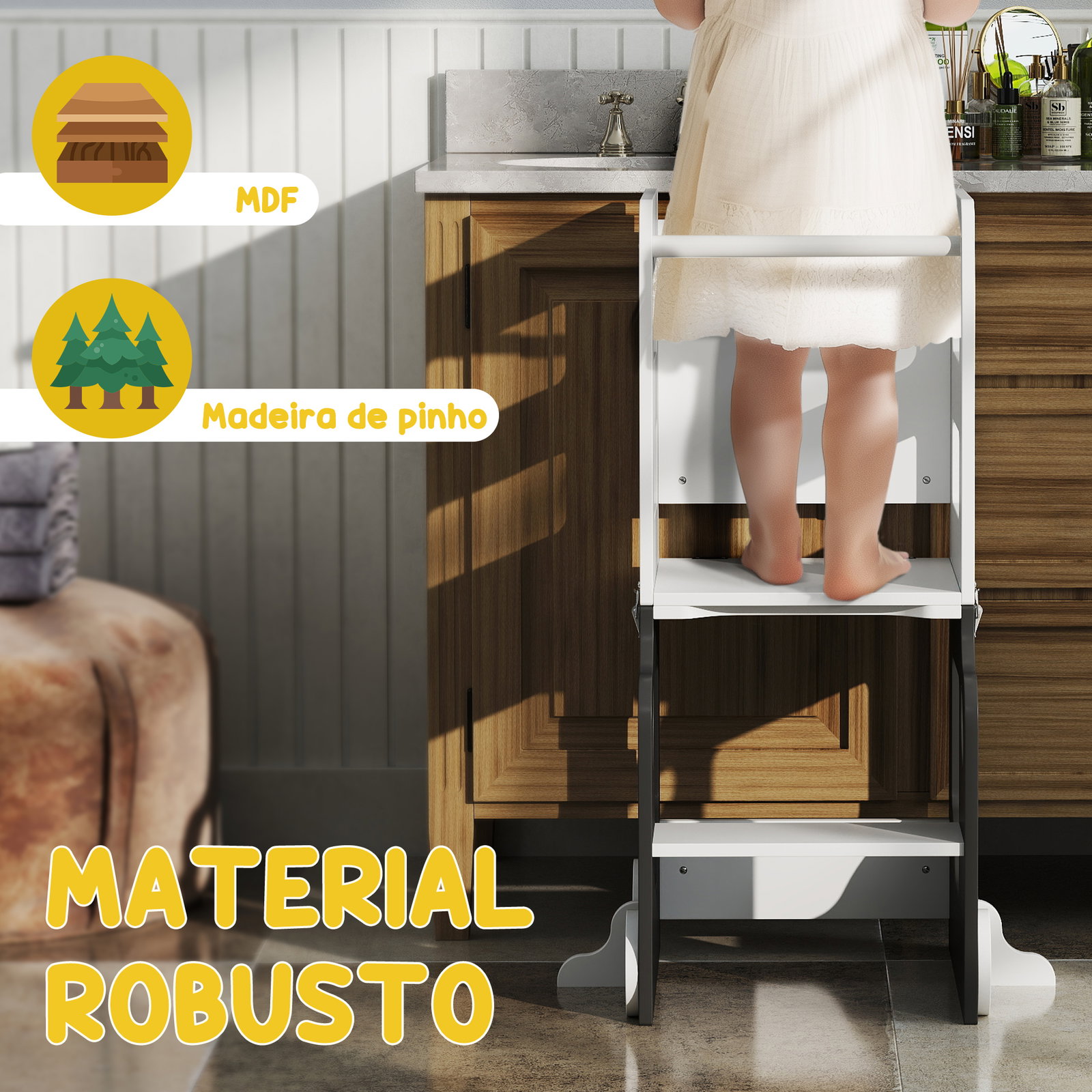 Torre de aprendizagem 4 em 1 para crianças em forma de carro convertível em mesa e cadeira 58x46x92 cm branco e cinza