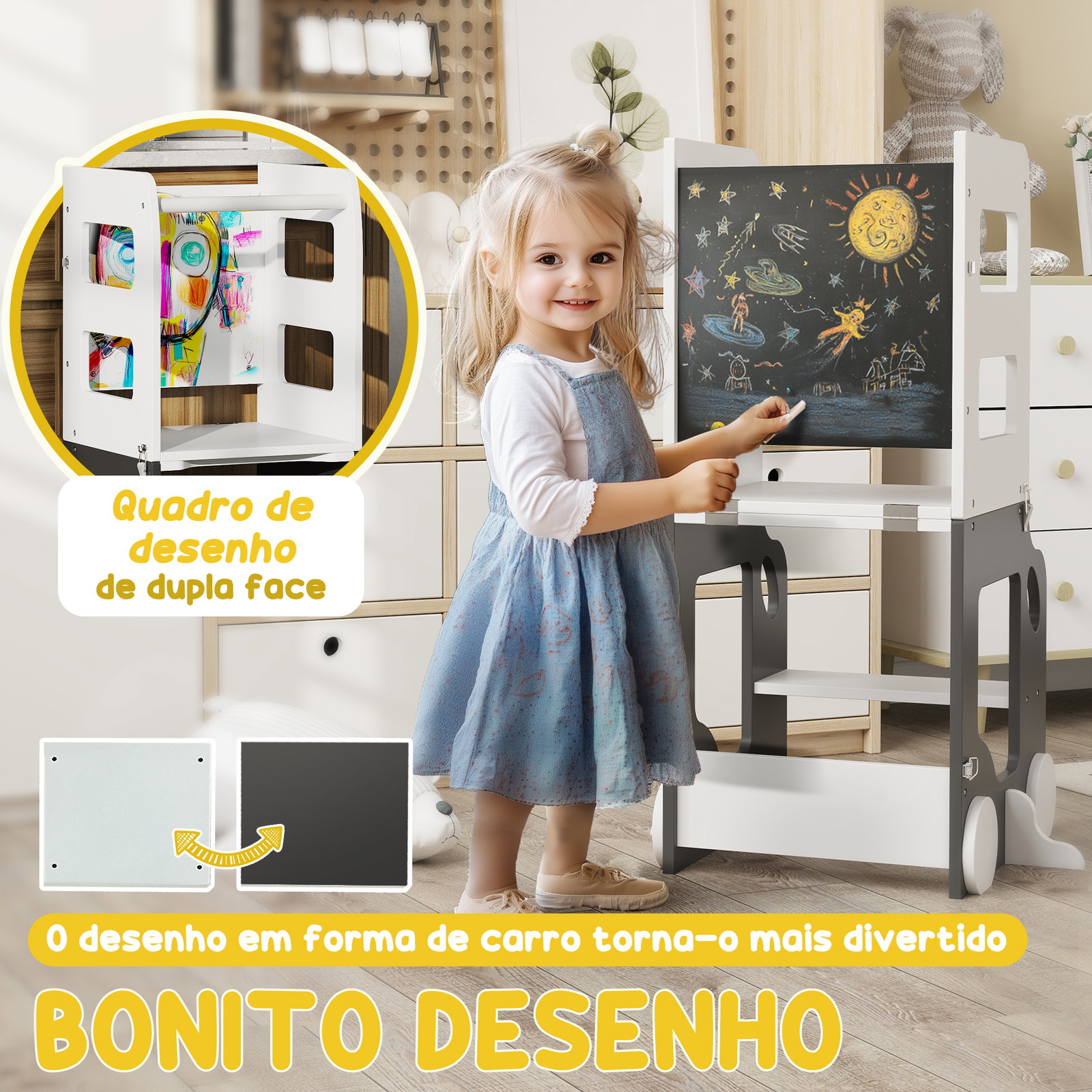Torre de aprendizagem 4 em 1 para crianças em forma de carro convertível em mesa e cadeira 58x46x92 cm branco e cinza
