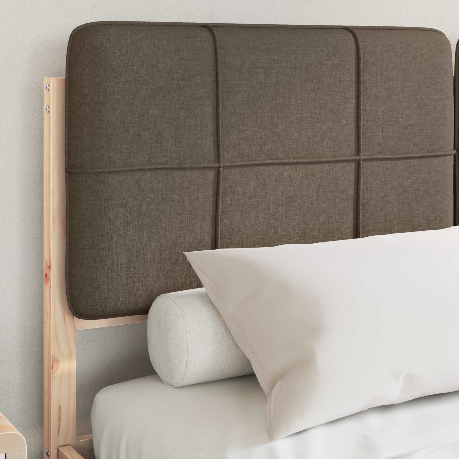 Estrutura de cama com cabeceira estofada cinzento-acastanhado