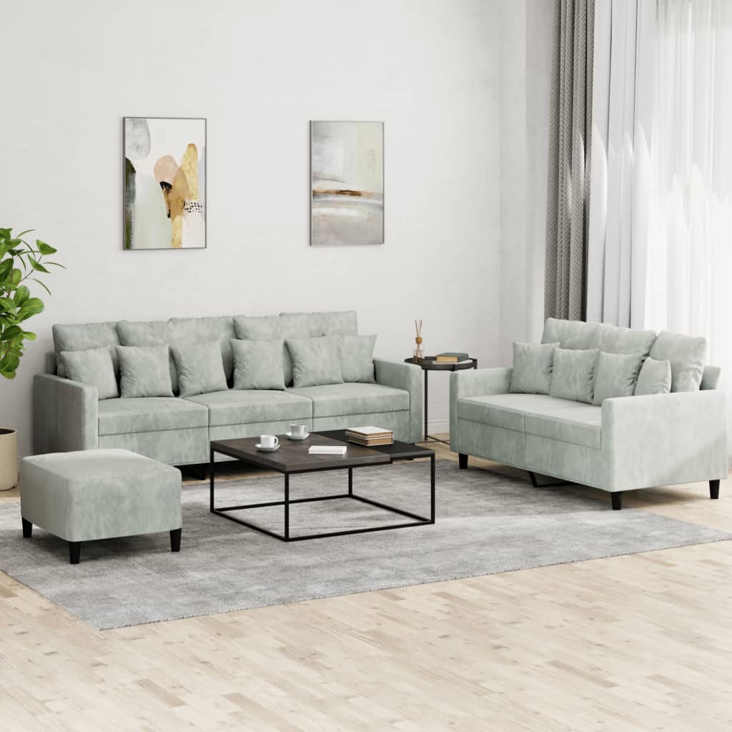 3 Pcs conjunto de sofás com almofadões veludo cinzento-claro