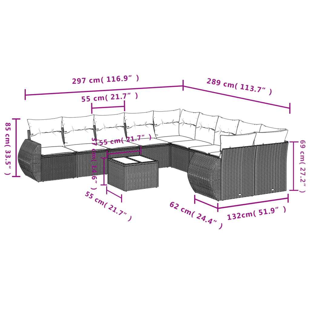 11 Pcs conjunto sofás de jardim c/ almofadões vime PE cinzento