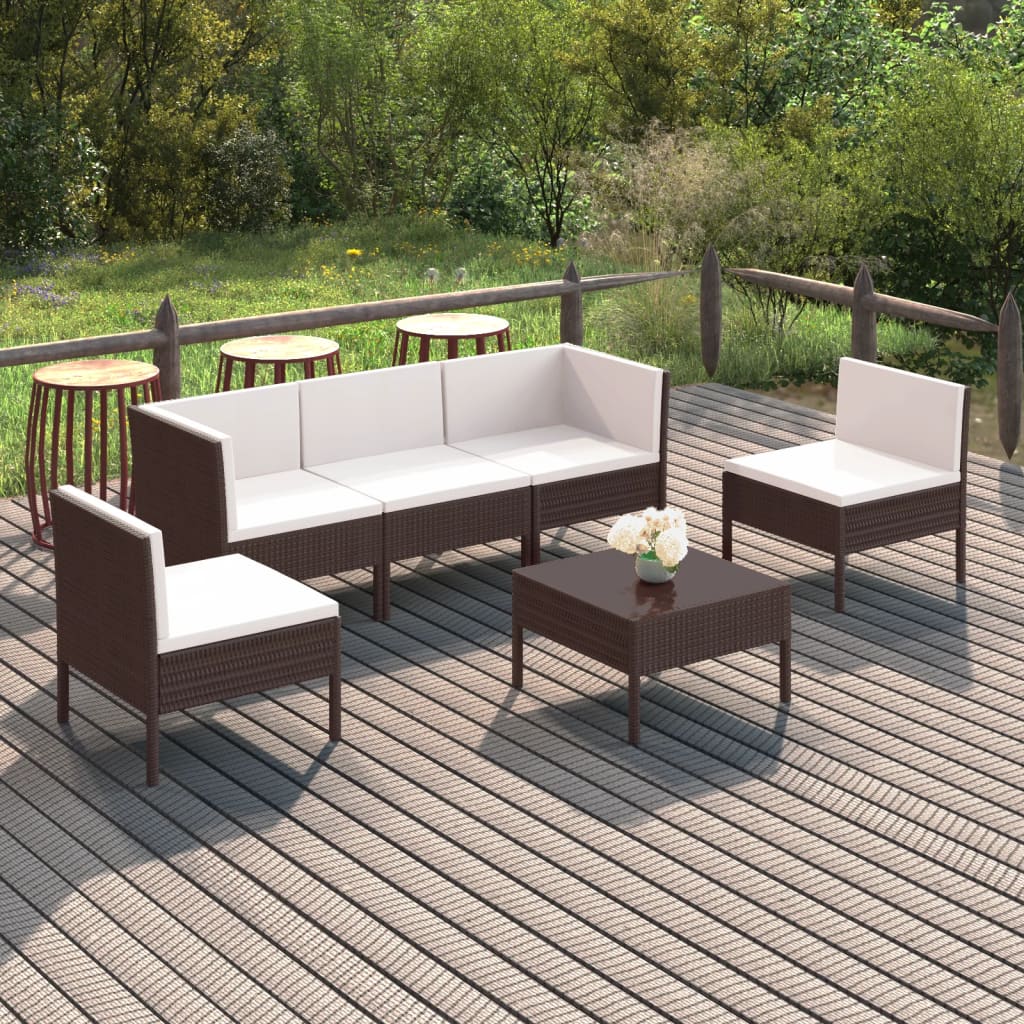 6 Pcs conjunto lounge jardim c/ almofadões vime PE castanho