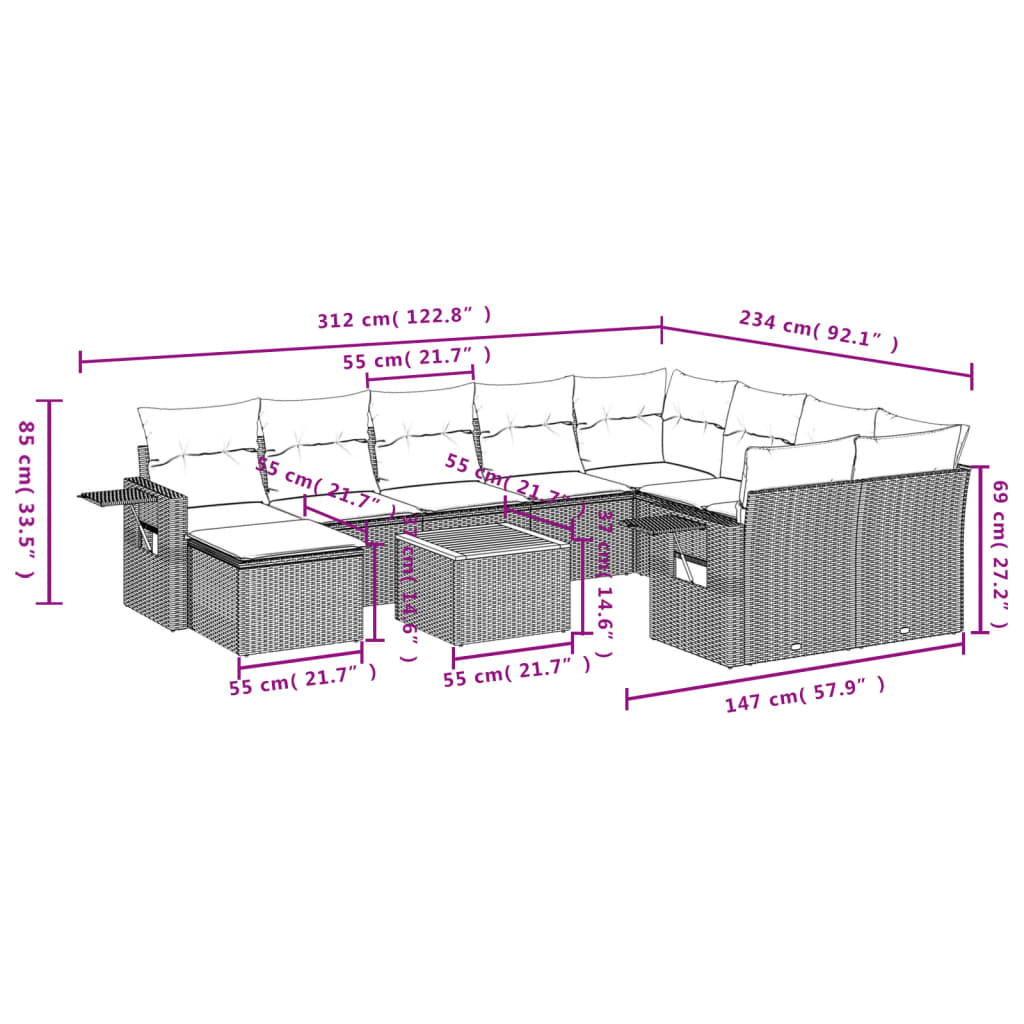 11 Pcs conjunto sofás de jardim c/ almofadões vime PE preto