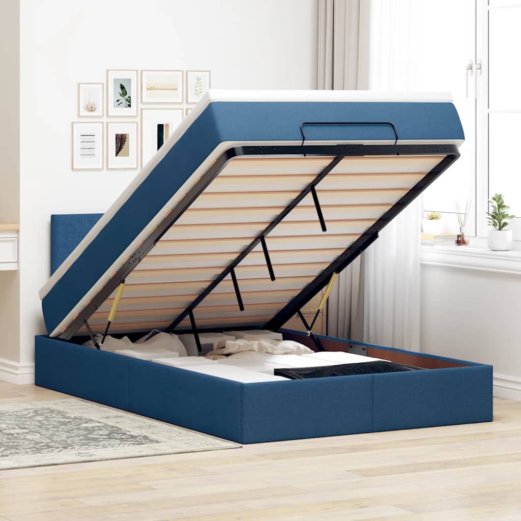 Cama otomana com colchão & leds tecido azul 120x200 cm