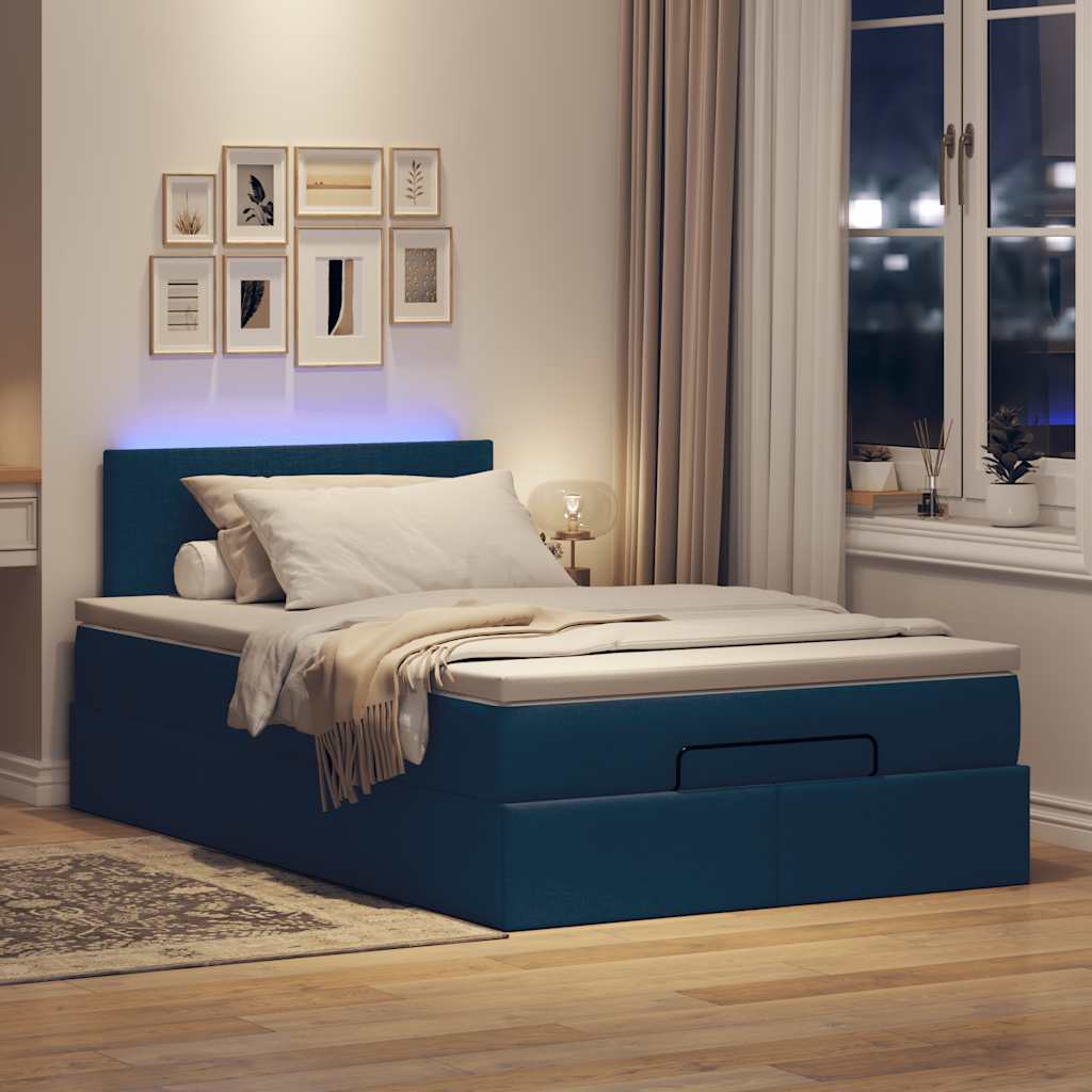 Cama otomana com colchão & leds tecido azul 120x200 cm