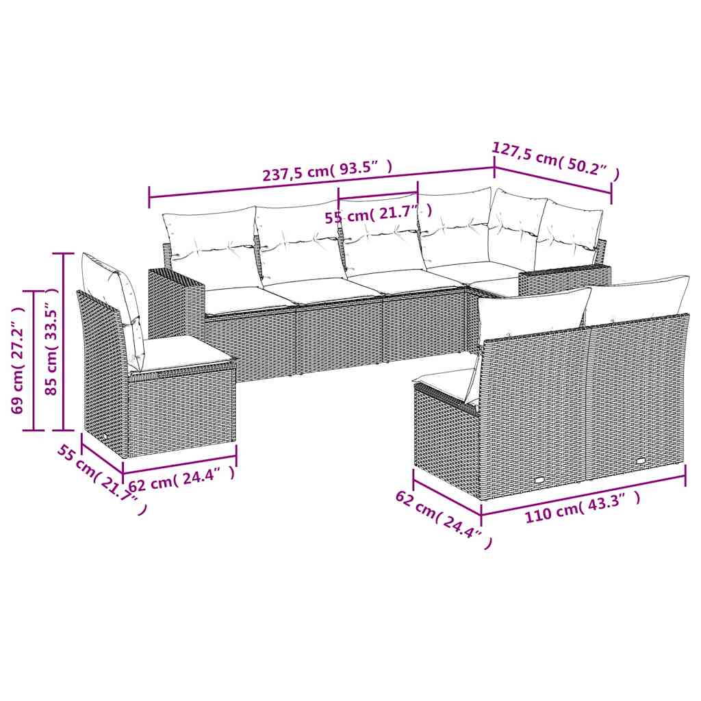 8 Pcs conjunto sofás de jardim com almofadões vime PE preto