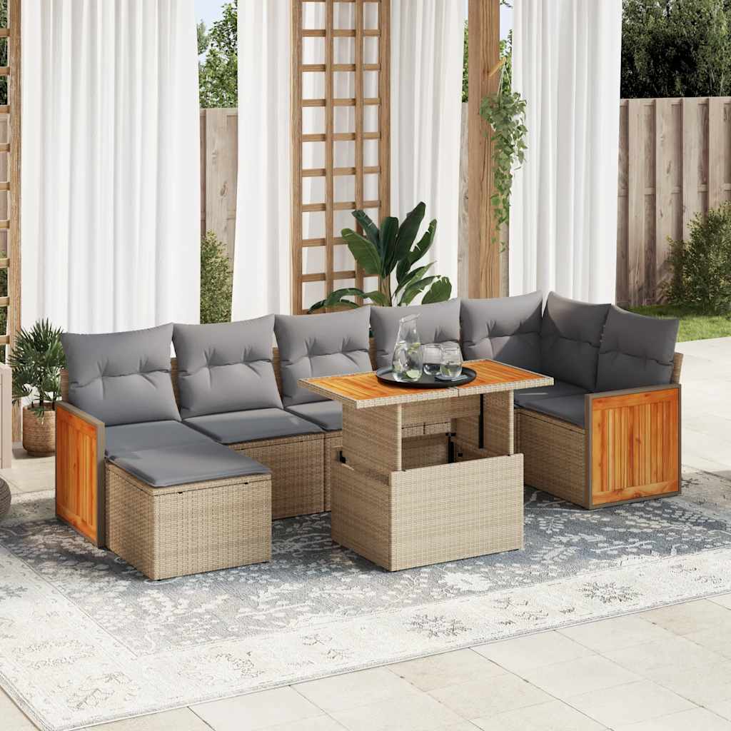 8 Pcs conjunto sofás jardim com almofadões vime PE/acácia bege