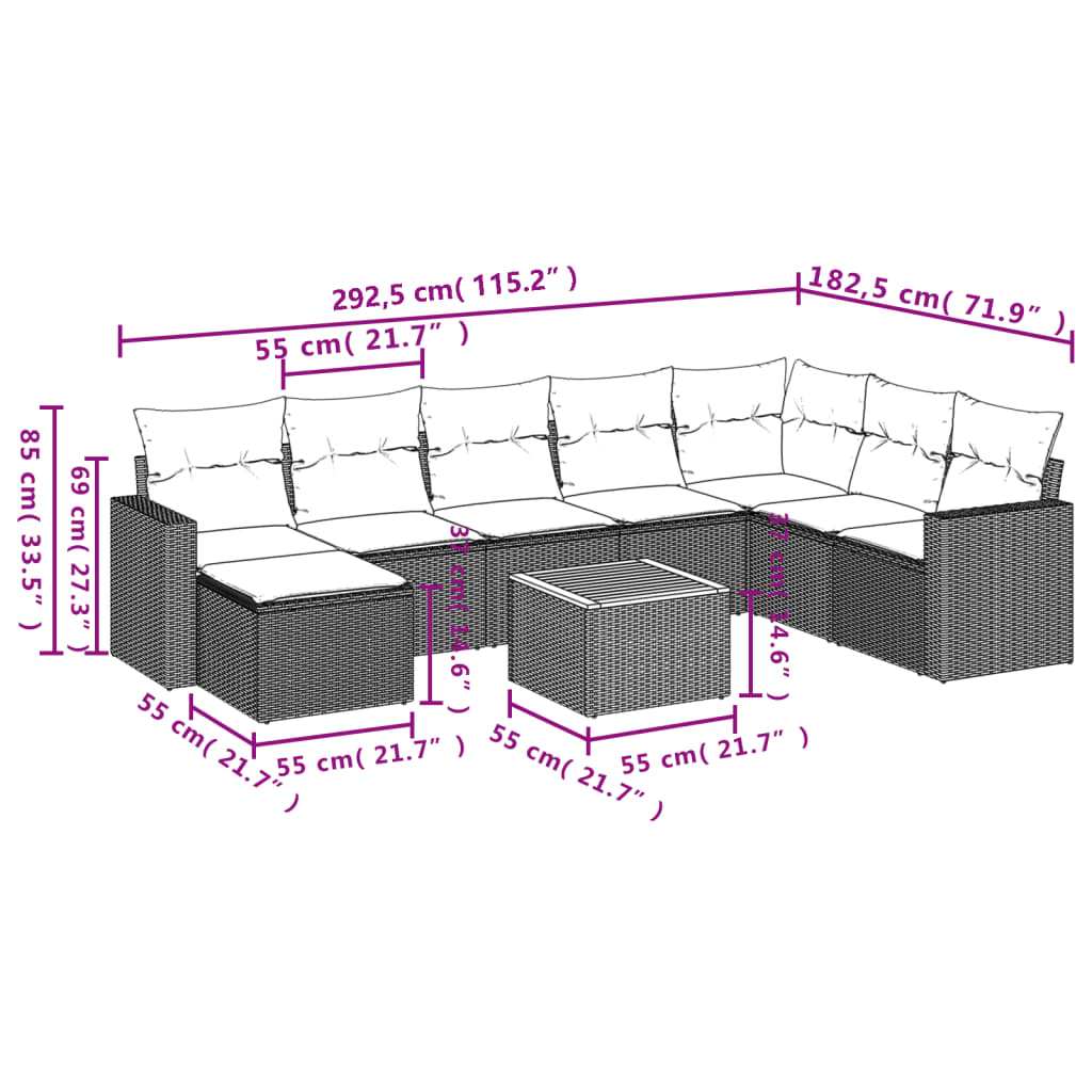 9 Pcs conjunto de sofás p/ jardim com almofadões vime PE bege