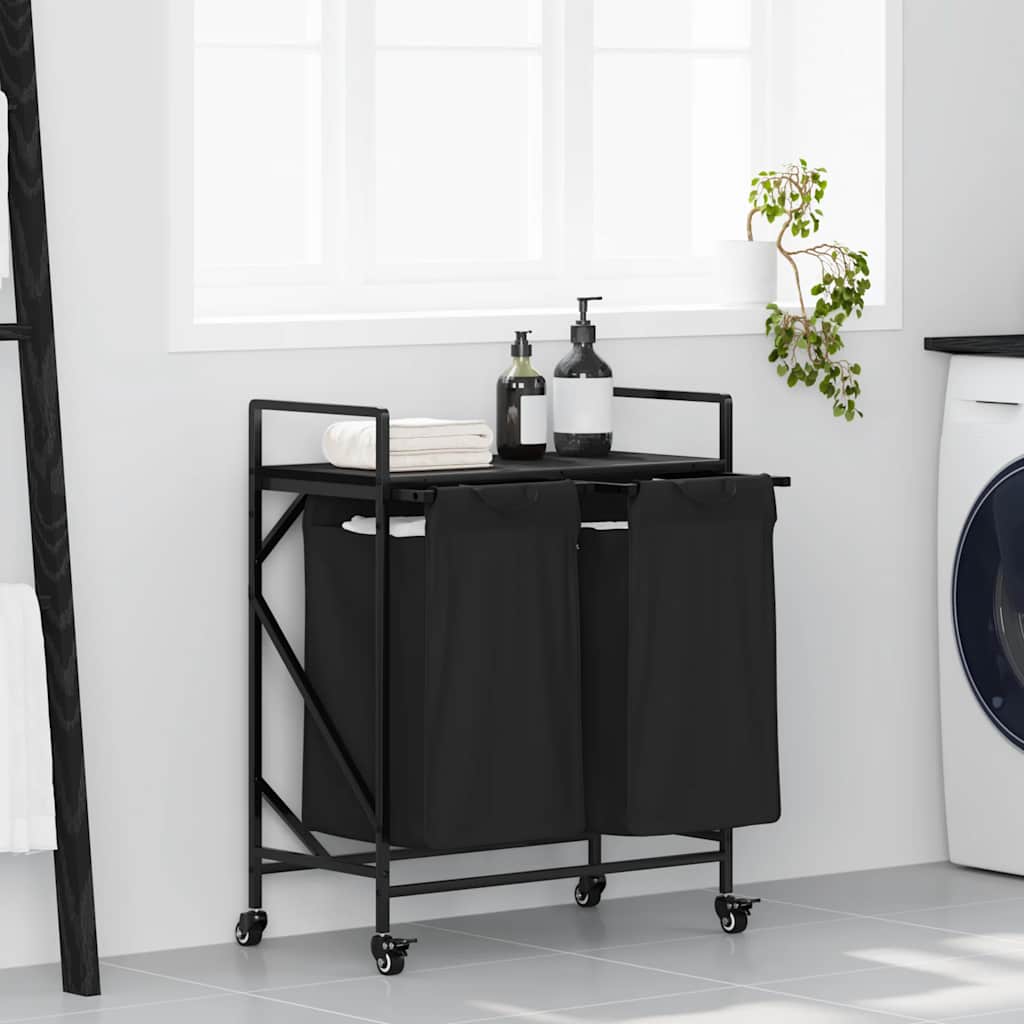 Cesto de roupa suja com 2 compartimentos e rodas, cor carvalho preto