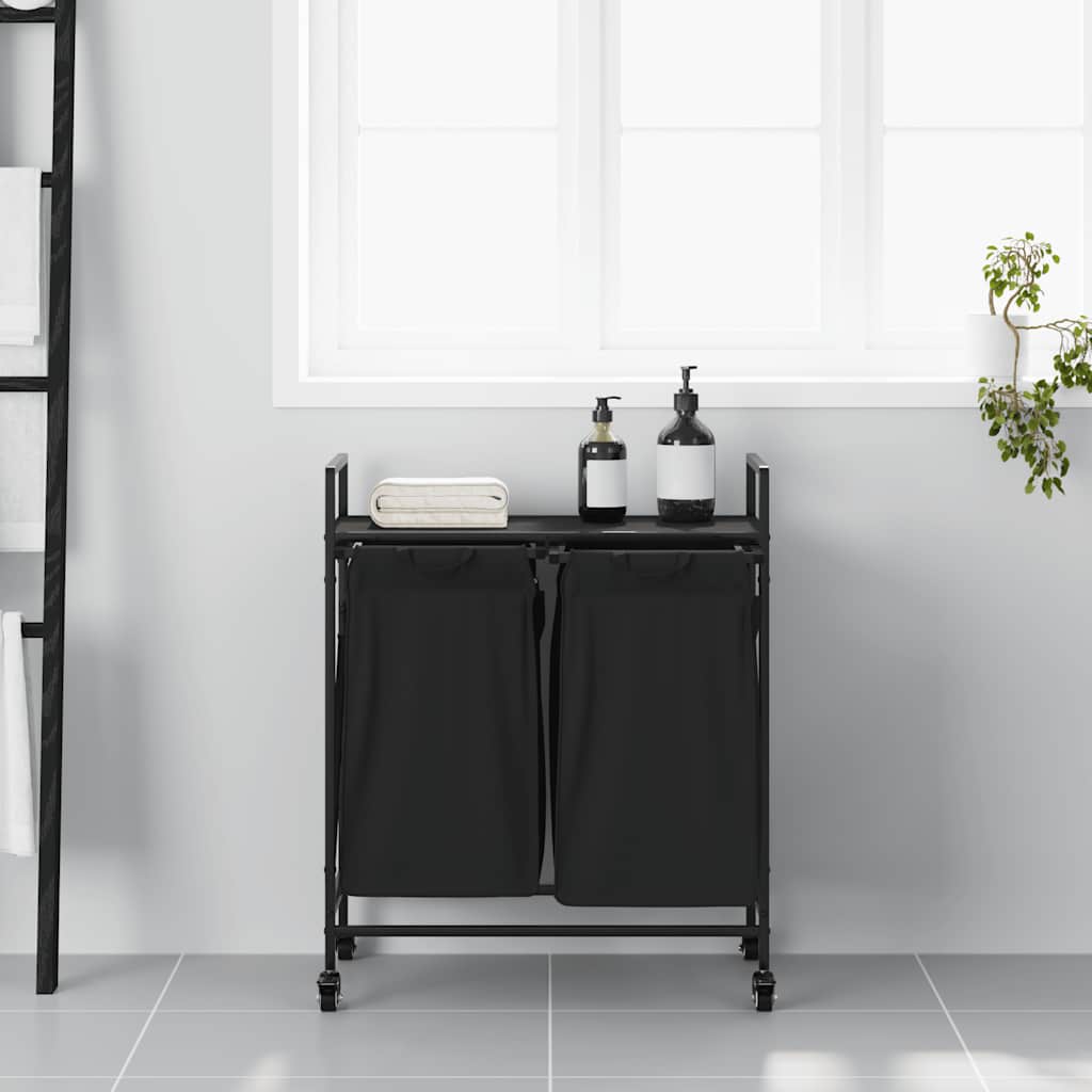 Cesto de roupa suja com 2 compartimentos e rodas, cor carvalho preto