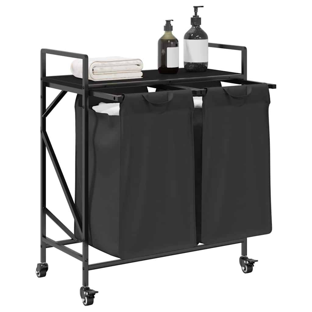 Cesto de roupa suja com 2 compartimentos e rodas, cor carvalho preto