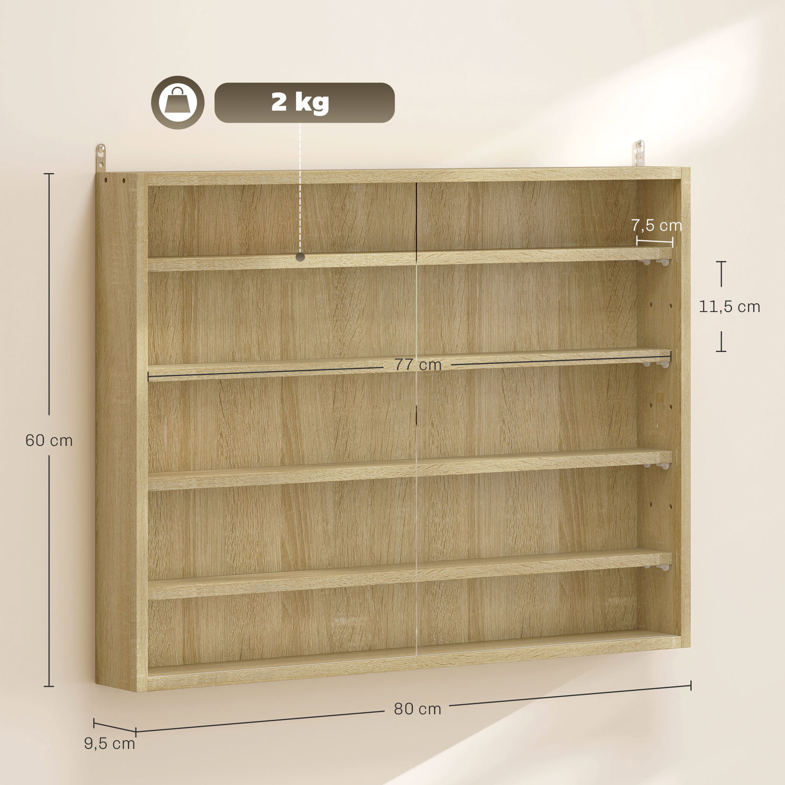 Vitrine de parede de madeira com prateleiras ajustáveis e 2 portas corredeiras de vidro para coleções 80x9,5x60 cm carvalho
