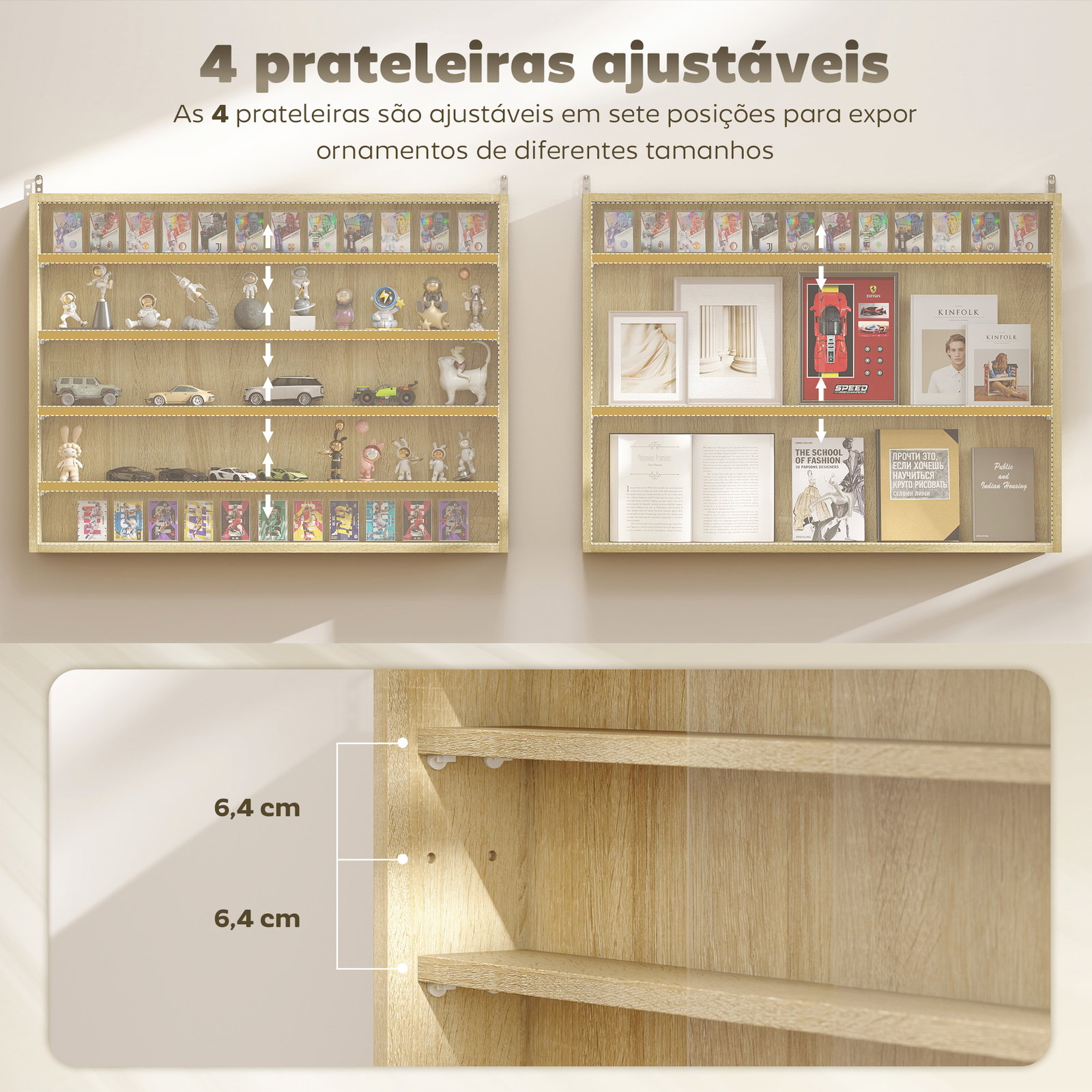 Vitrine de parede de madeira com prateleiras ajustáveis e 2 portas corredeiras de vidro para coleções 80x9,5x60 cm carvalho