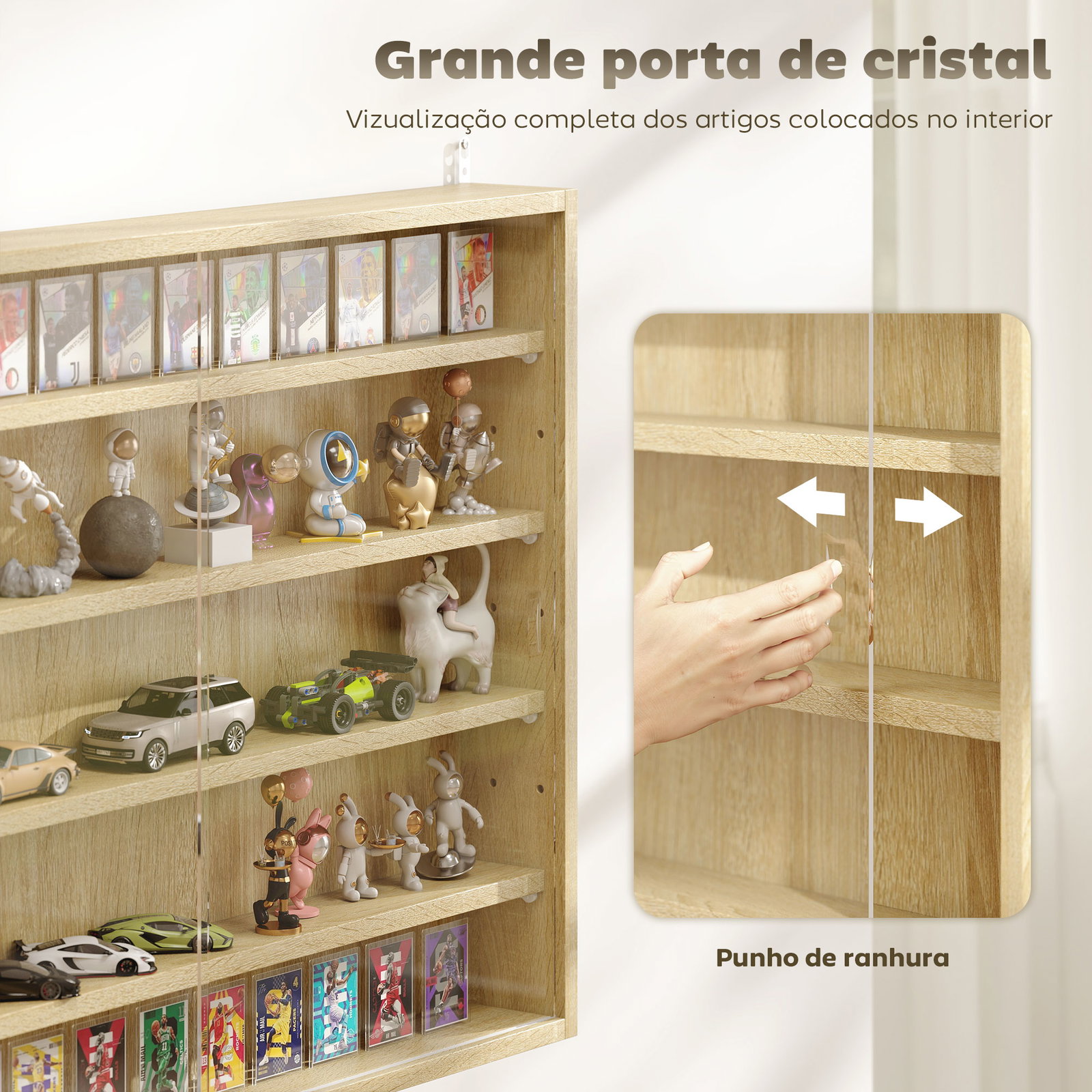 Vitrine de parede de madeira com prateleiras ajustáveis e 2 portas corredeiras de vidro para coleções 80x9,5x60 cm carvalho