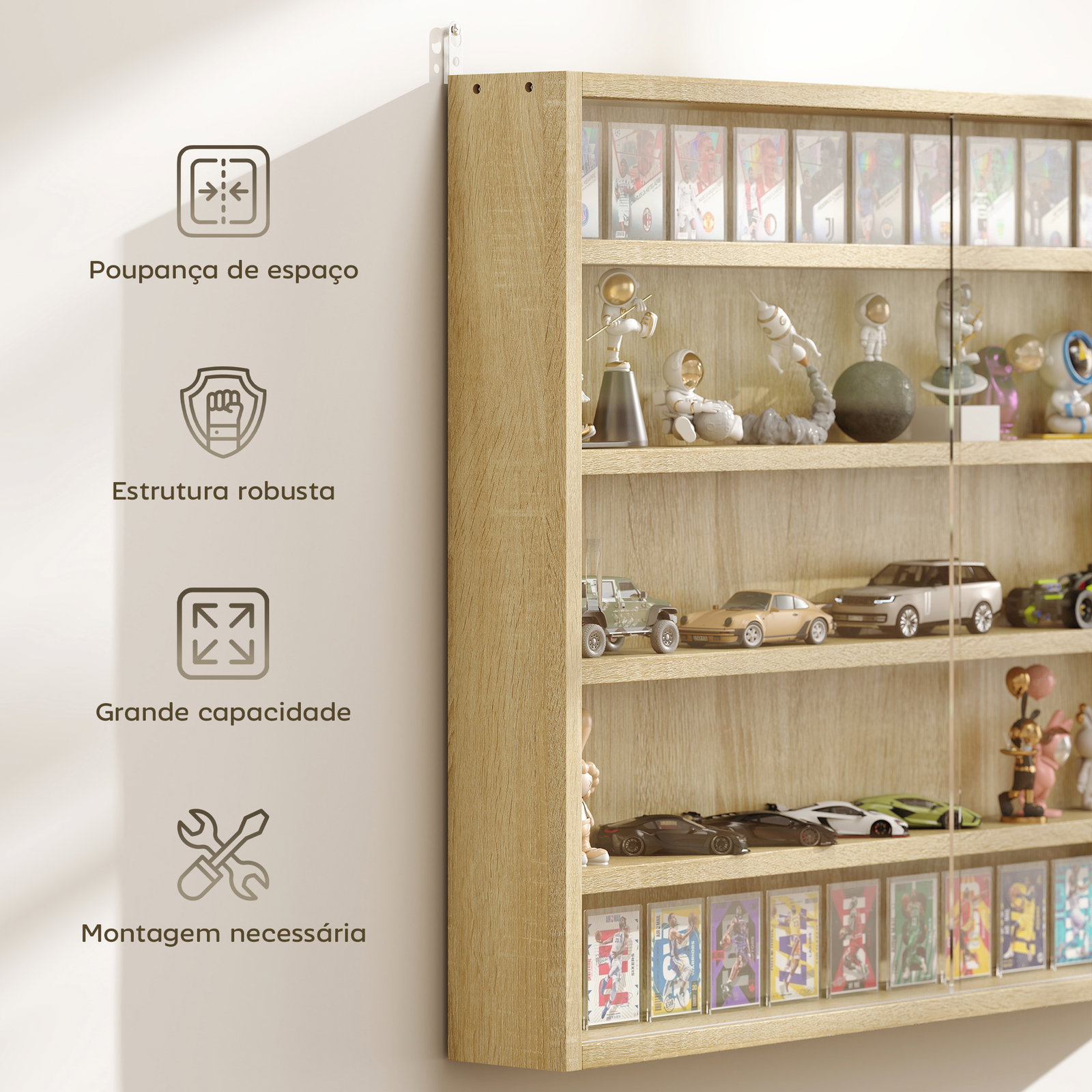 Vitrine de parede de madeira com prateleiras ajustáveis e 2 portas corredeiras de vidro para coleções 80x9,5x60 cm carvalho