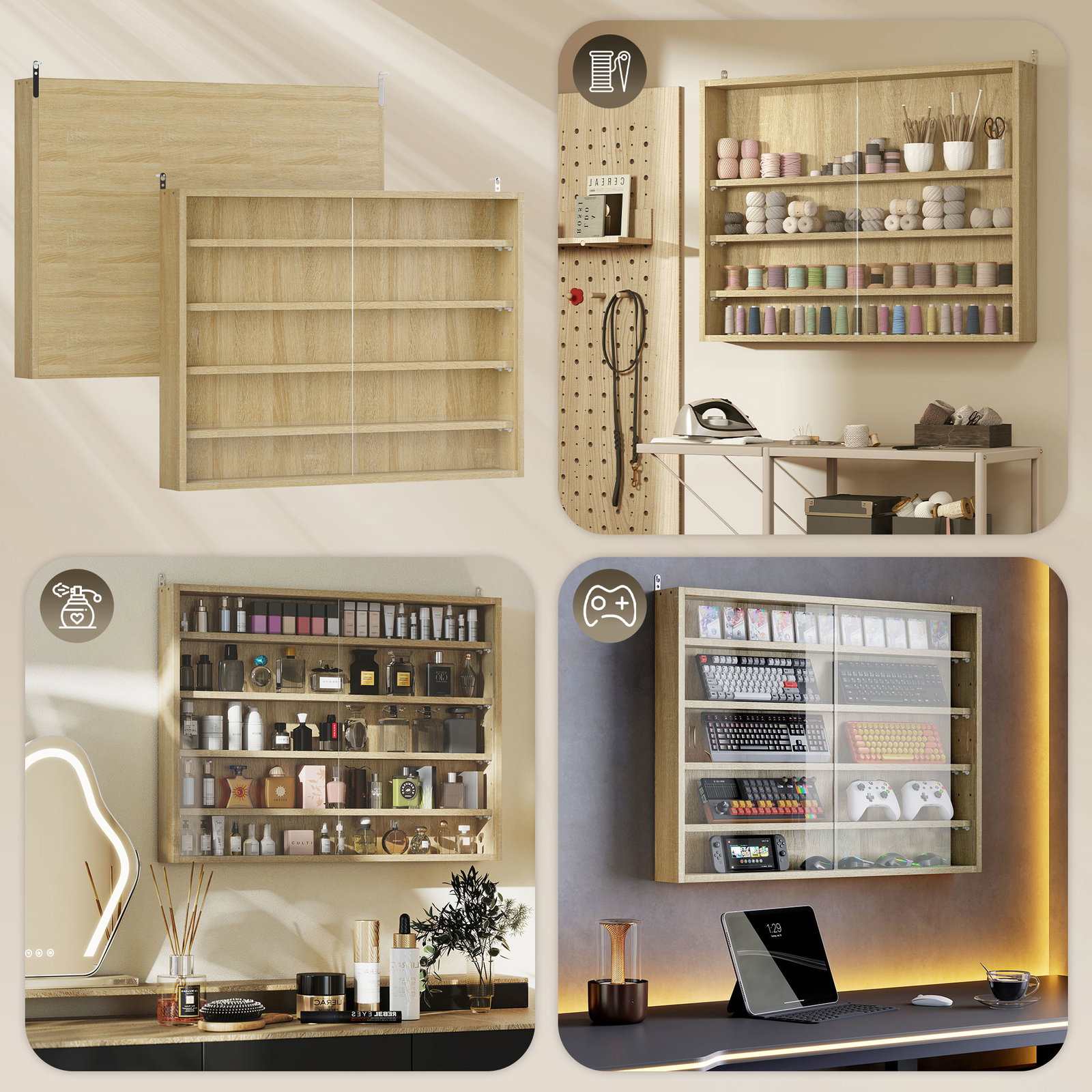 Vitrine de parede de madeira com prateleiras ajustáveis e 2 portas corredeiras de vidro para coleções 80x9,5x60 cm carvalho