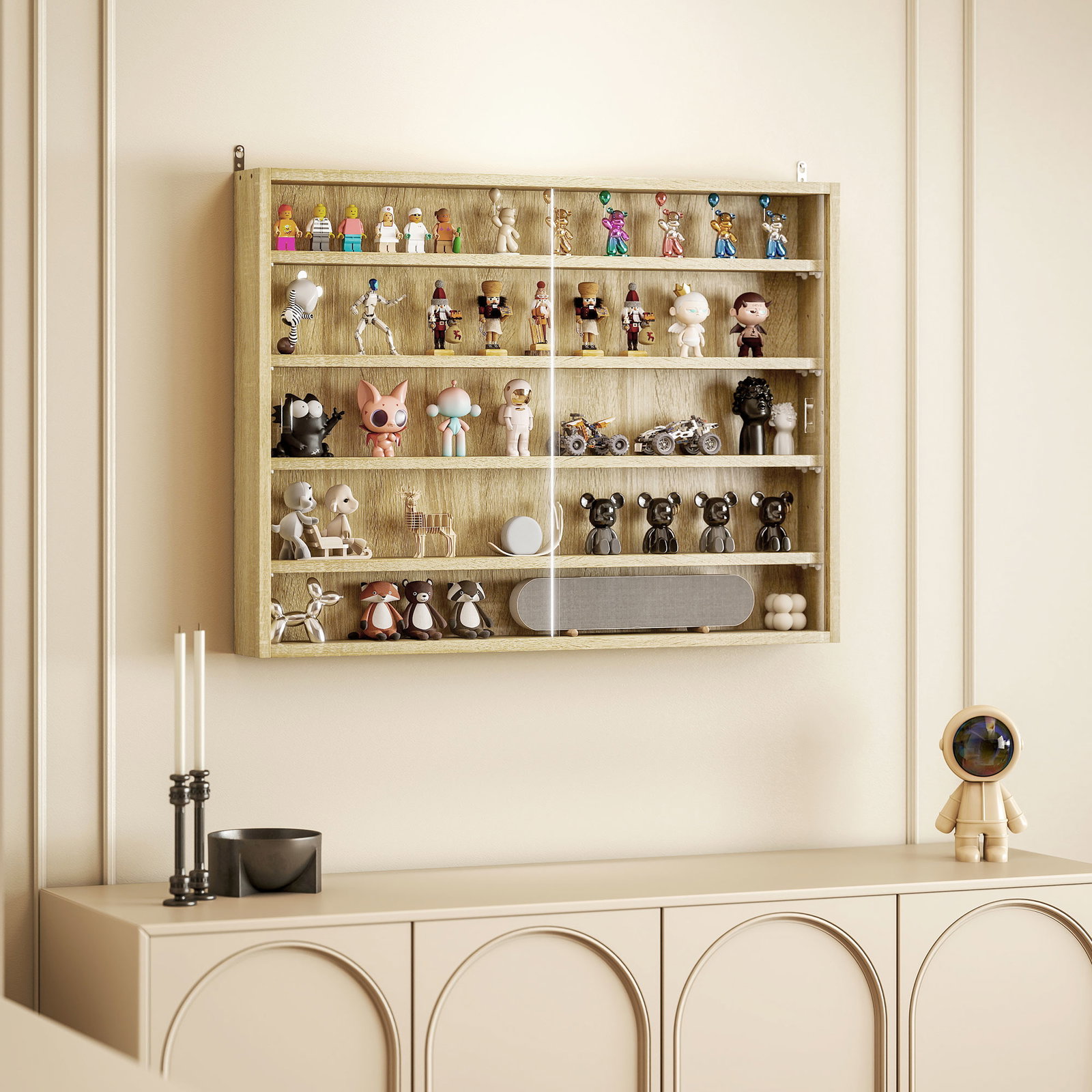 Vitrine de parede de madeira com prateleiras ajustáveis e 2 portas corredeiras de vidro para coleções 80x9,5x60 cm carvalho