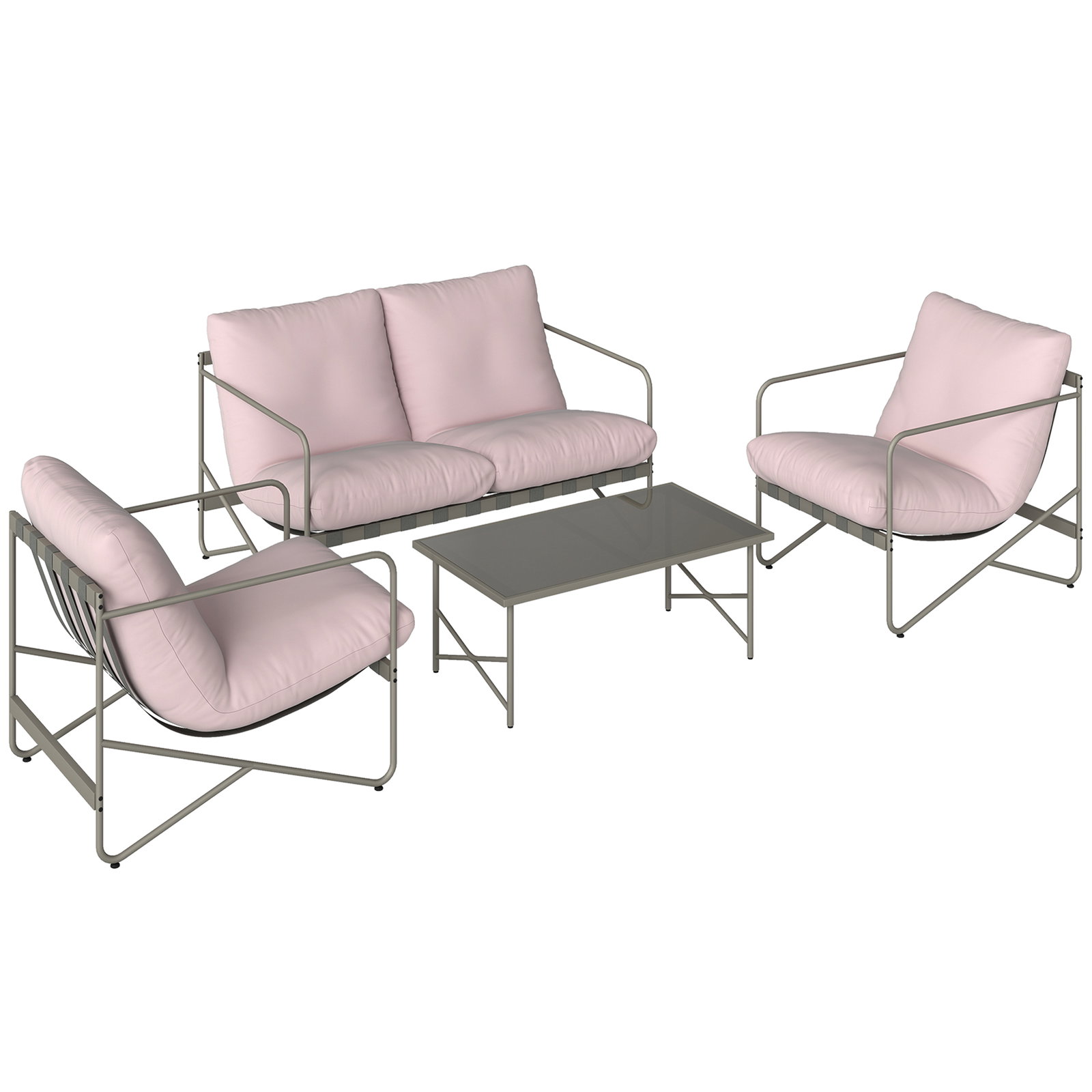 Conjunto de jardim de 4 peças com sofá de 2 lugares 2 poltronas mesa de vidro temperado e almofadas grossas para terraço rosa