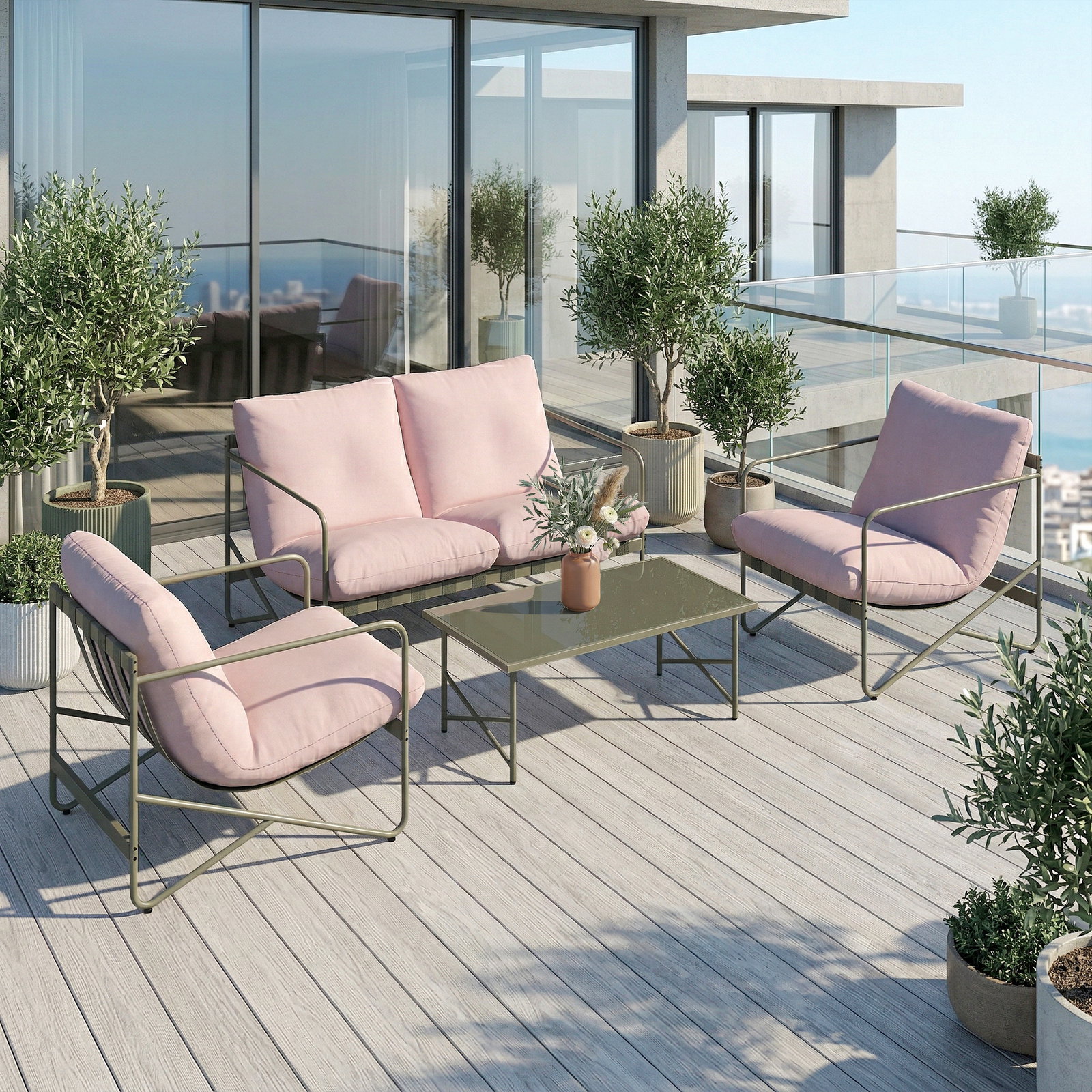 Conjunto de jardim de 4 peças com sofá de 2 lugares 2 poltronas mesa de vidro temperado e almofadas grossas para terraço rosa