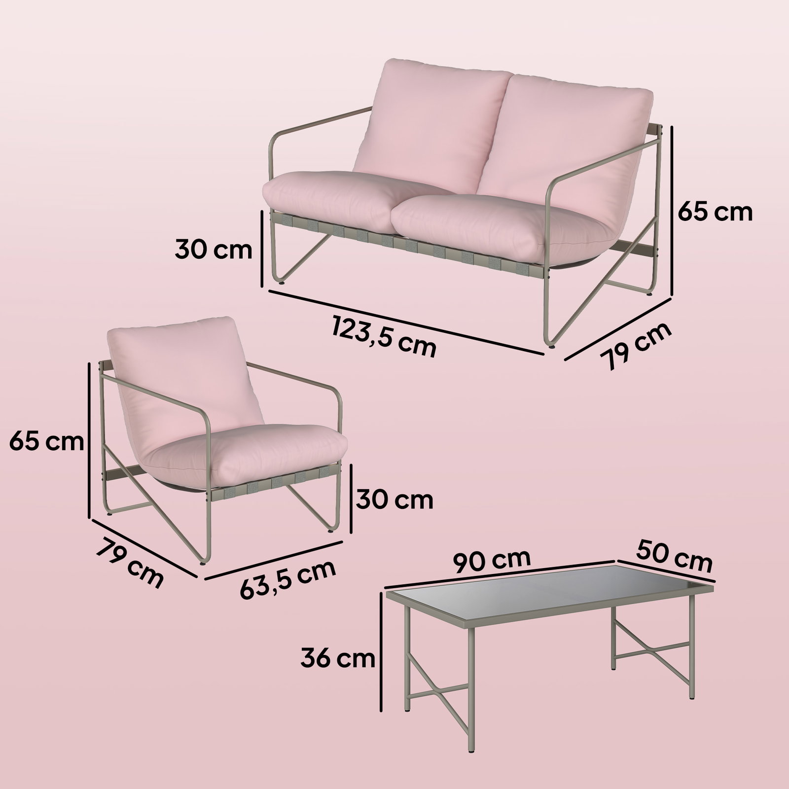 Conjunto de jardim de 4 peças com sofá de 2 lugares 2 poltronas mesa de vidro temperado e almofadas grossas para terraço rosa