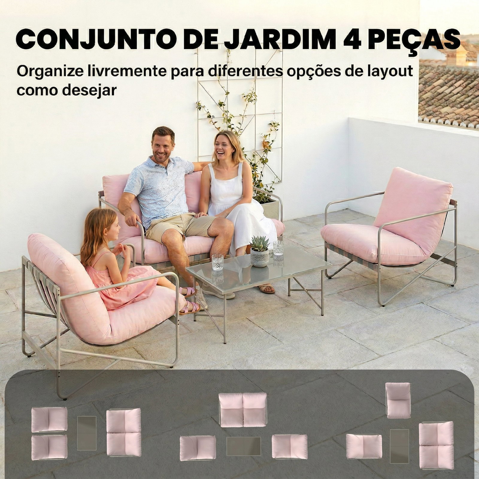 Conjunto de jardim de 4 peças com sofá de 2 lugares 2 poltronas mesa de vidro temperado e almofadas grossas para terraço rosa