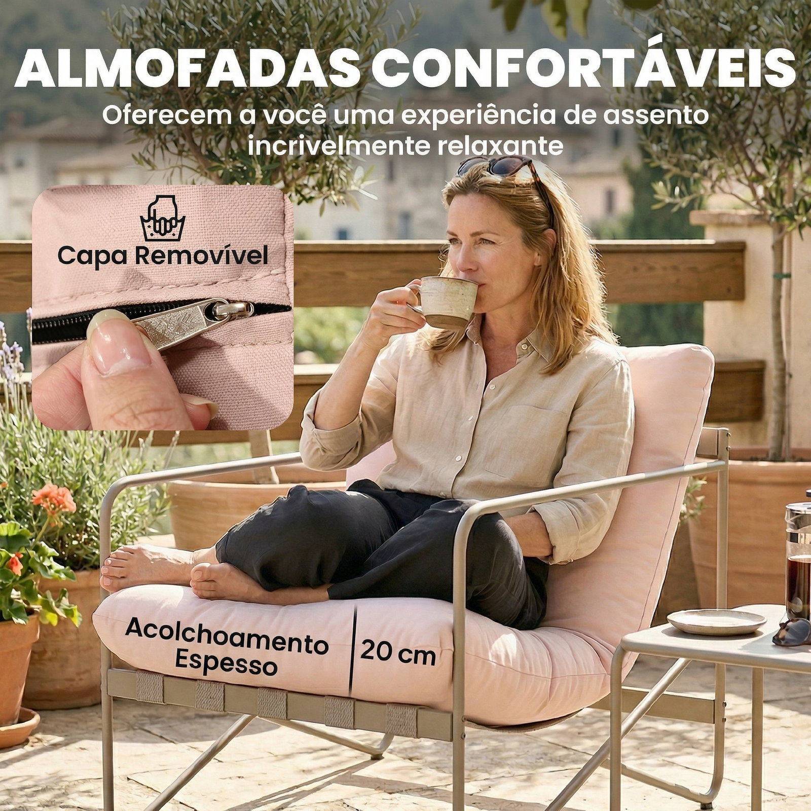 Conjunto de jardim de 4 peças com sofá de 2 lugares 2 poltronas mesa de vidro temperado e almofadas grossas para terraço rosa