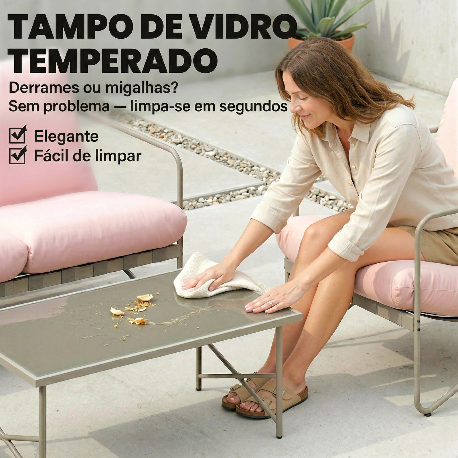 Conjunto de jardim de 4 peças com sofá de 2 lugares 2 poltronas mesa de vidro temperado e almofadas grossas para terraço rosa