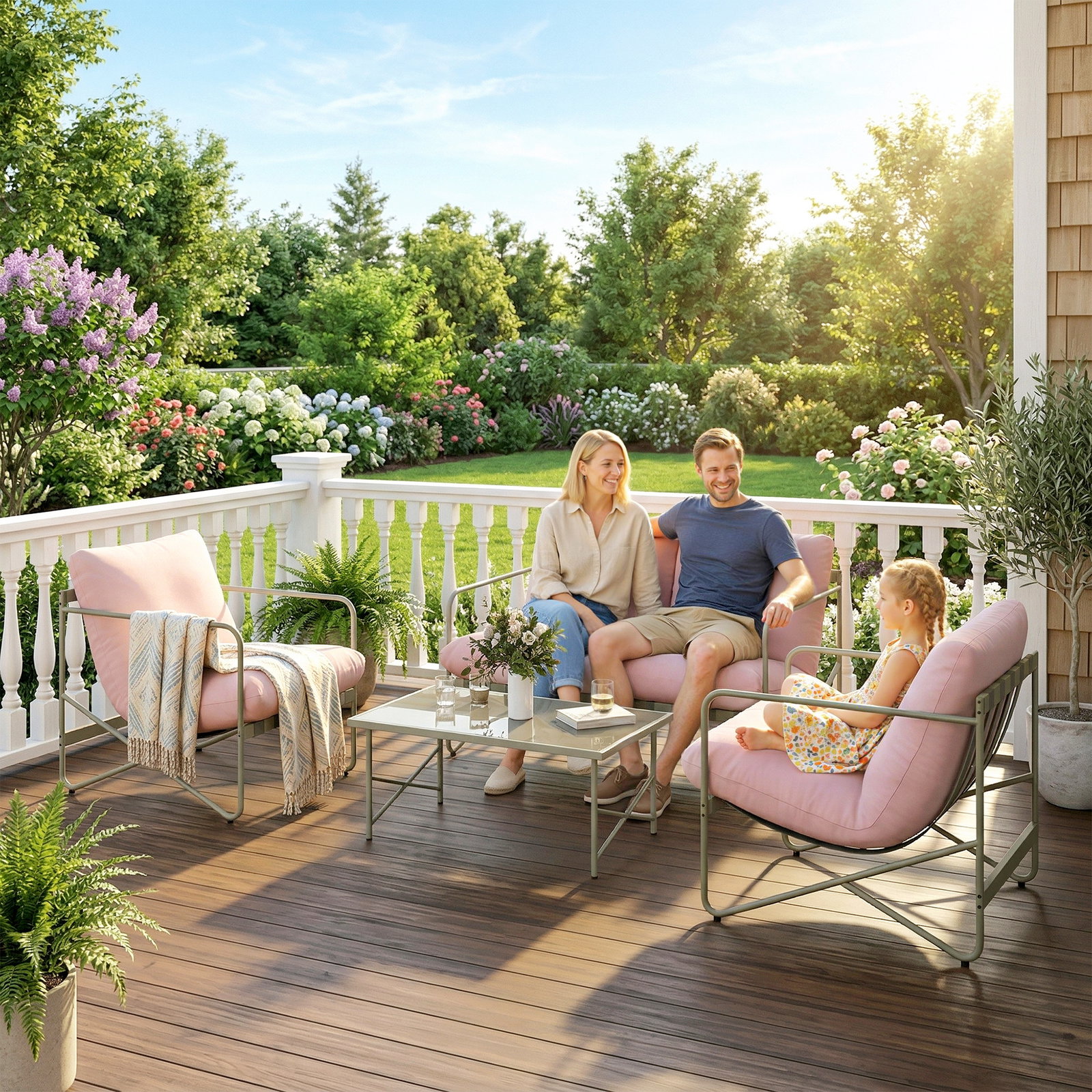 Conjunto de jardim de 4 peças com sofá de 2 lugares 2 poltronas mesa de vidro temperado e almofadas grossas para terraço rosa