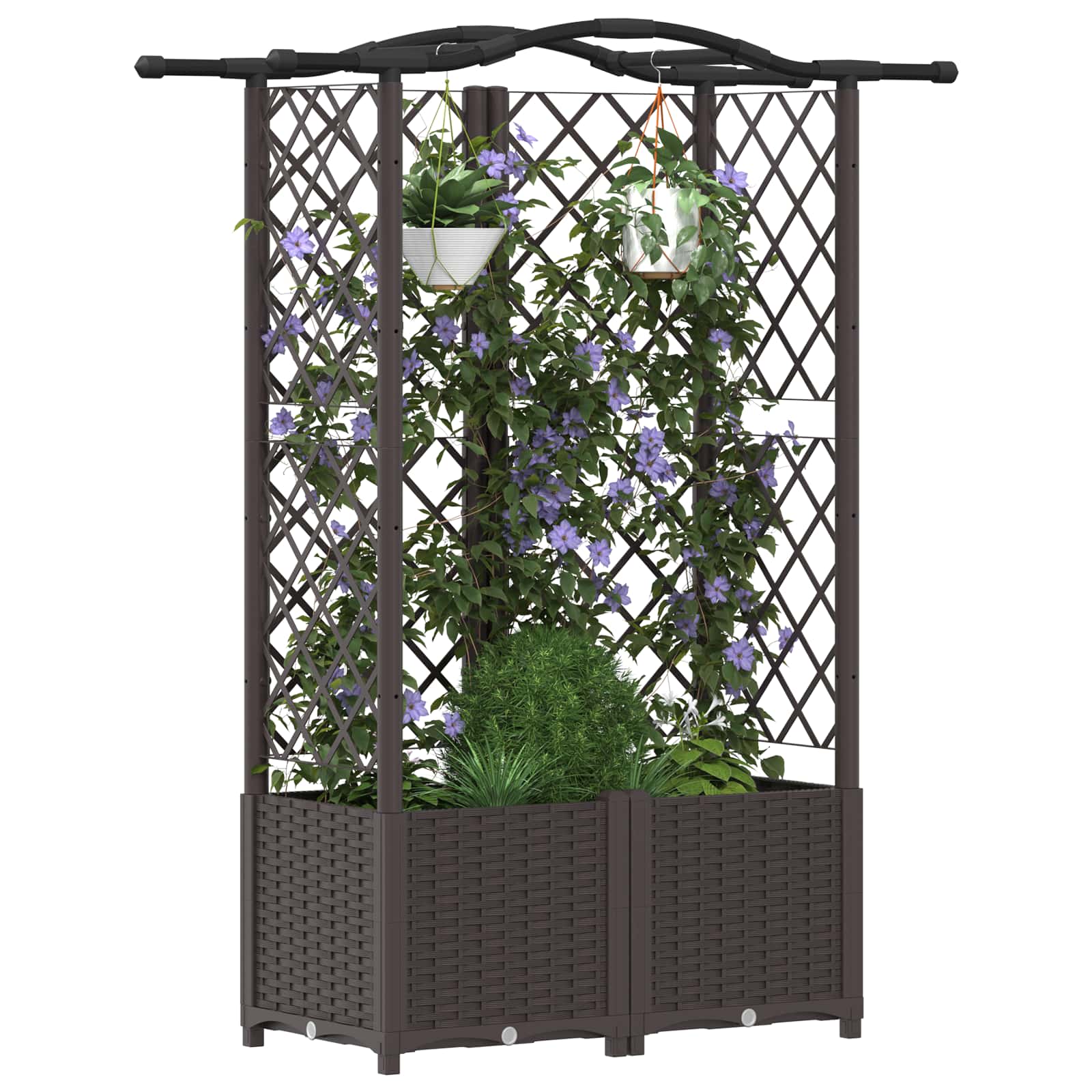 Cama elevada com treliça e telhado castanho 122 x 40 x 138 cm
