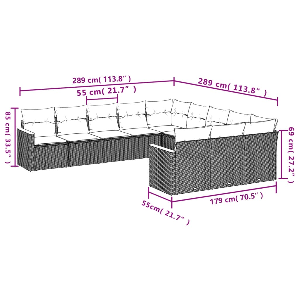 11 Pcs conjunto sofás de jardim c/ almofadões vime PE preto
