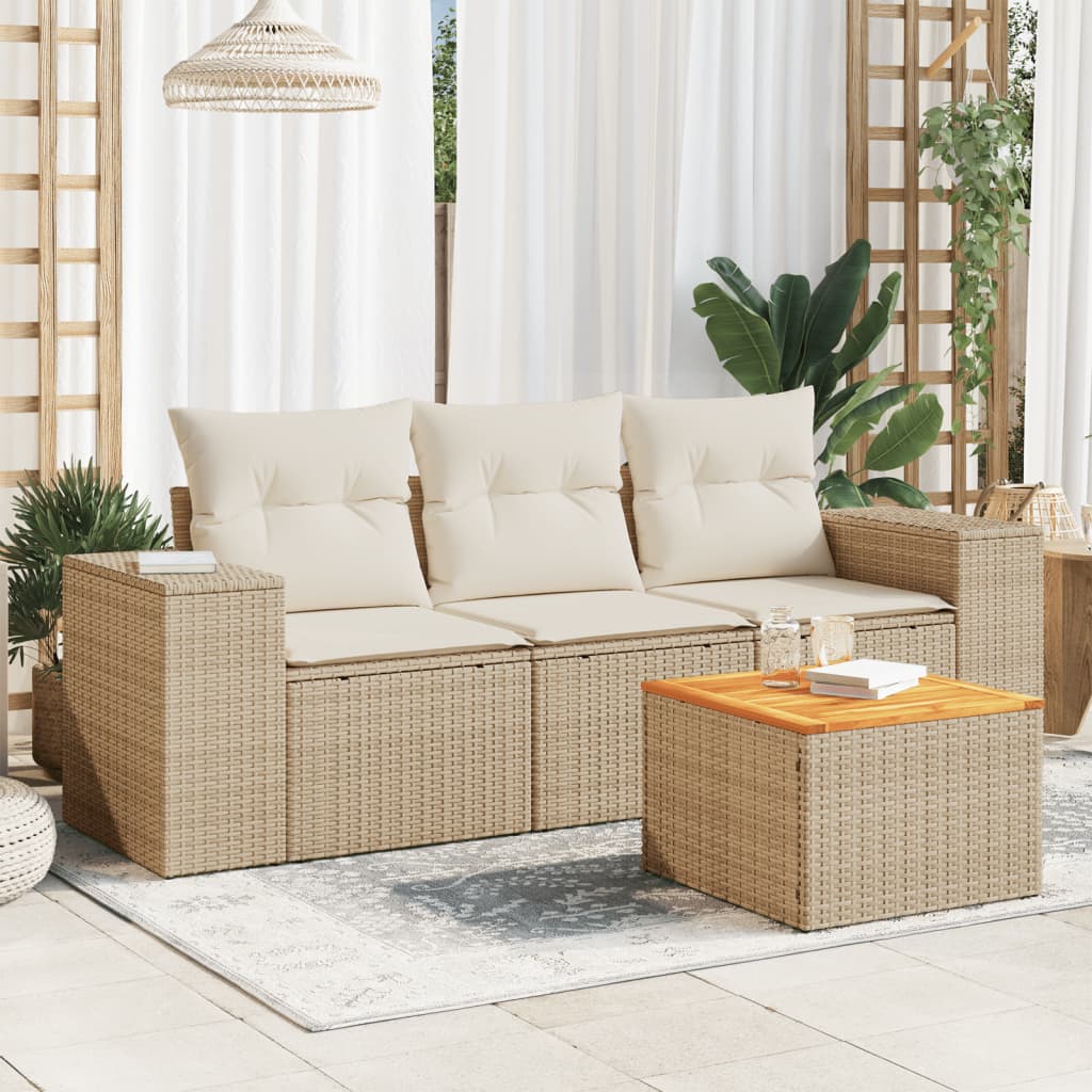 4 Pcs conjunto de sofás para jardim c/ almofadões vime PE bege
