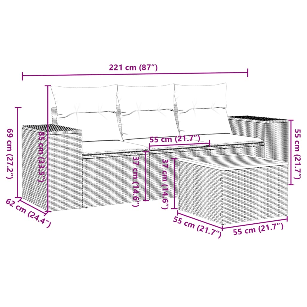 4 Pcs conjunto de sofás para jardim c/ almofadões vime PE bege