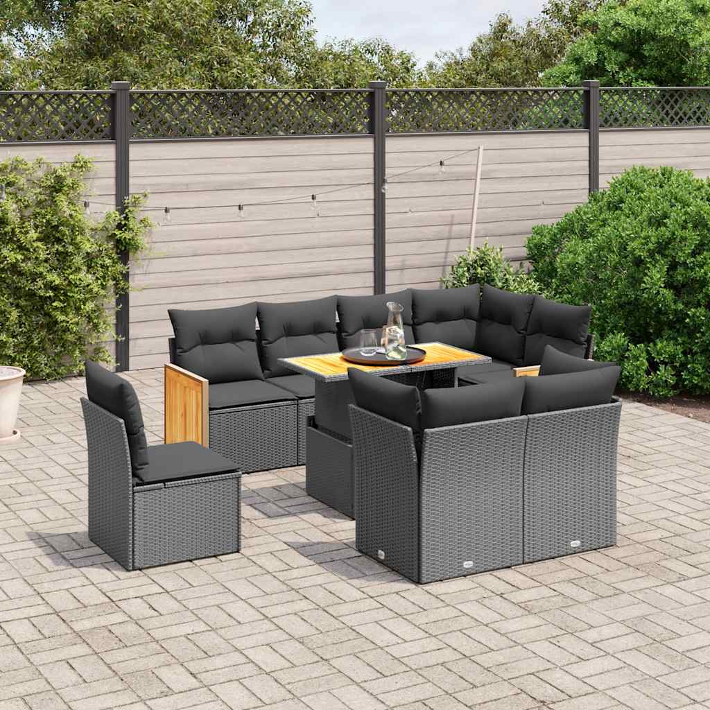 9 Pcs conjunto de sofás p/ jardim c/ almofadões vime PE preto