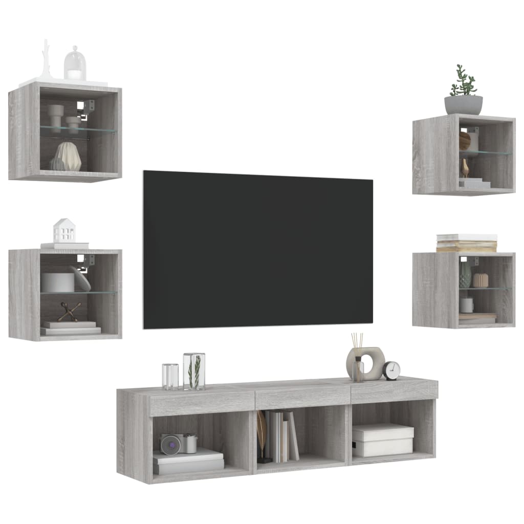 7Pcs móveis parede p/ TV c/ leds deriv. madeira cinza sonoma