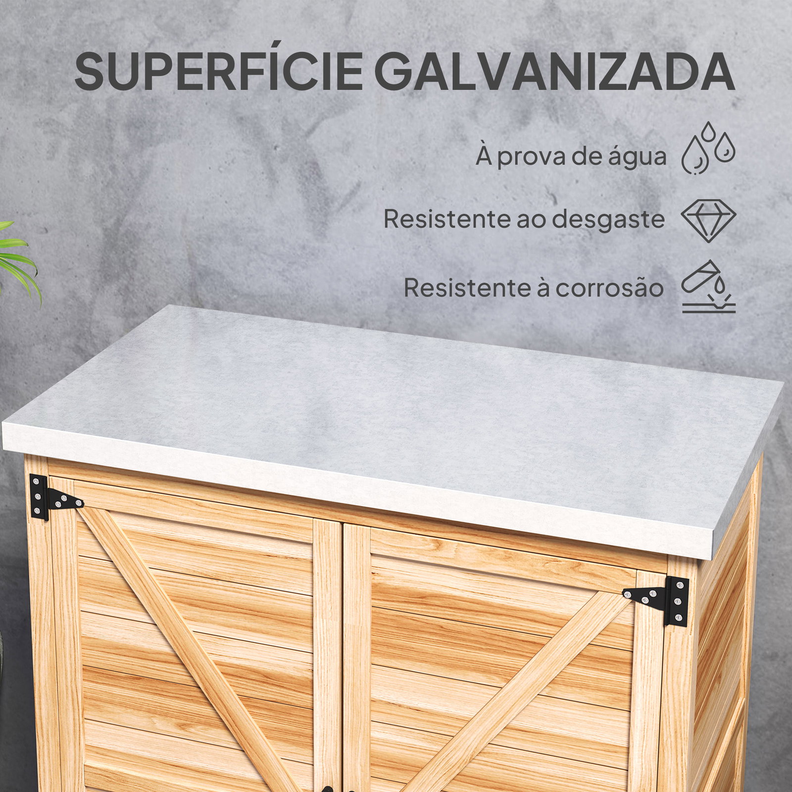 Armário de exterior em madeira com tampo de aço galvanizado prateleira 2 portas para armazenamento de ferramentas 79x43x92 cm madeira