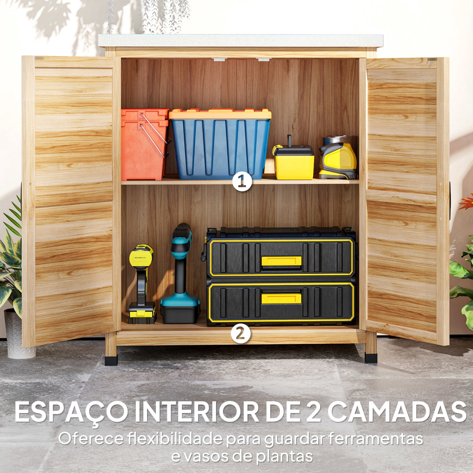 Armário de exterior em madeira com tampo de aço galvanizado prateleira 2 portas para armazenamento de ferramentas 79x43x92 cm madeira