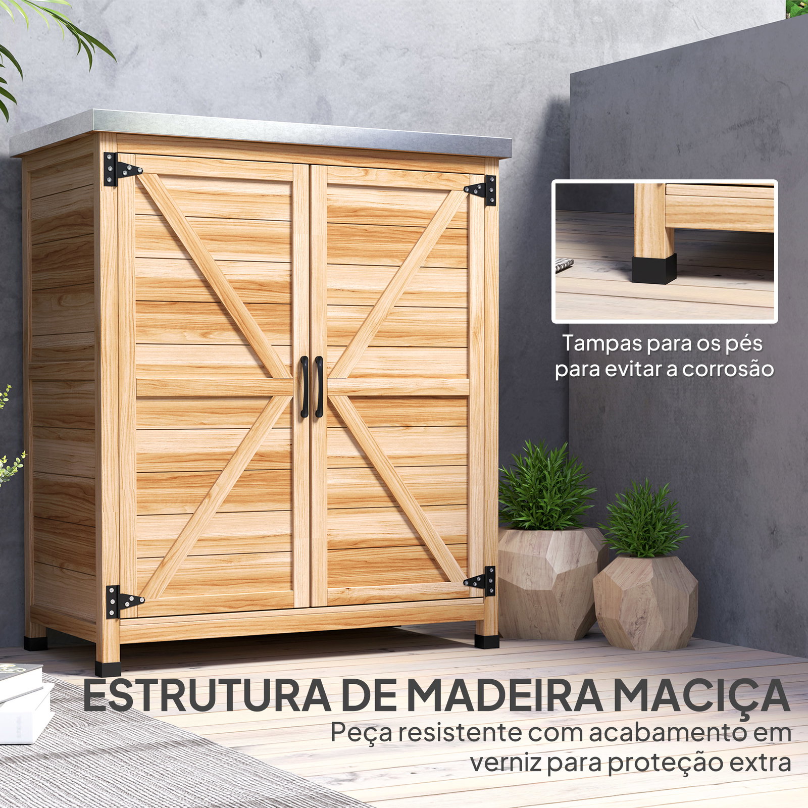 Armário de exterior em madeira com tampo de aço galvanizado prateleira 2 portas para armazenamento de ferramentas 79x43x92 cm madeira
