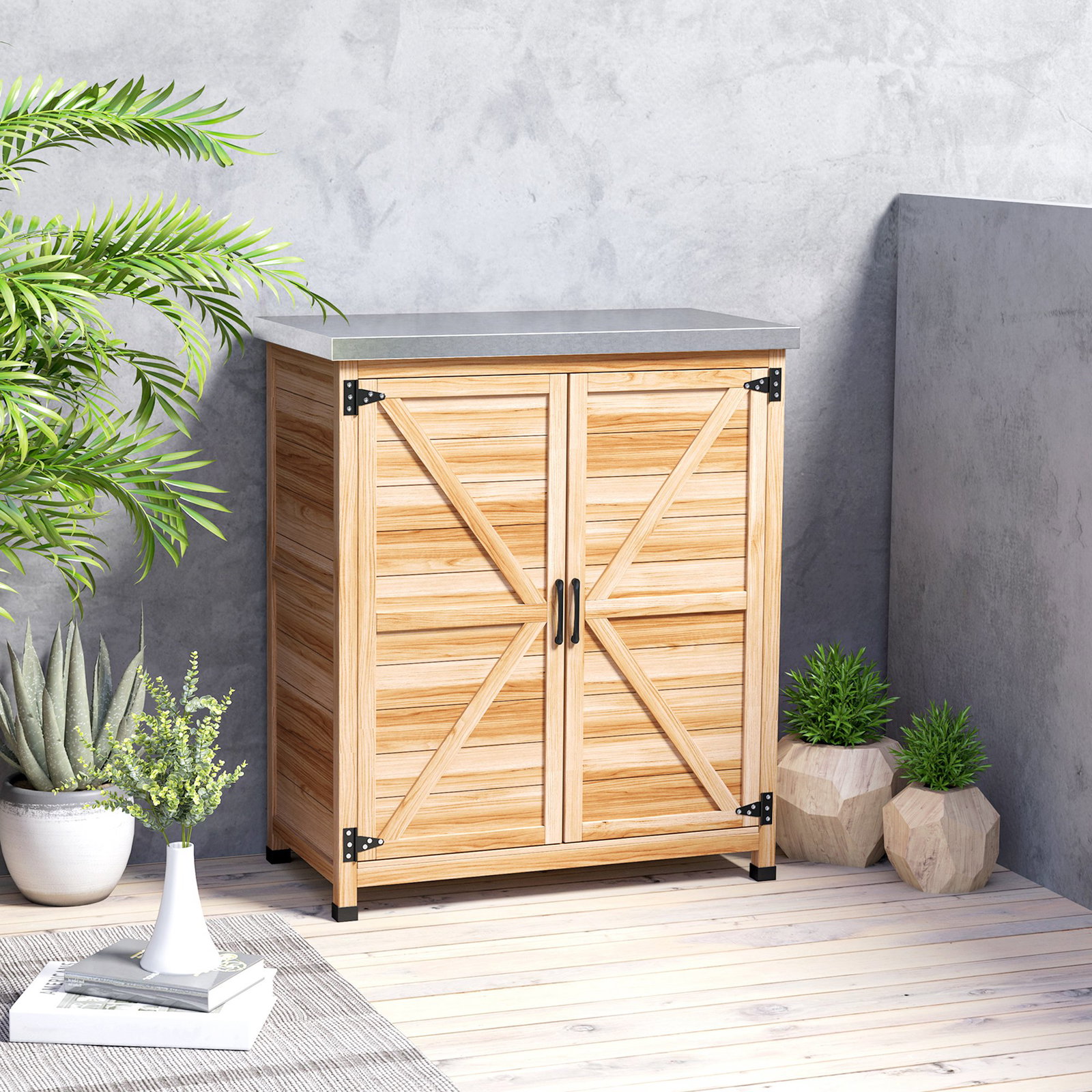 Armário de exterior em madeira com tampo de aço galvanizado prateleira 2 portas para armazenamento de ferramentas 79x43x92 cm madeira