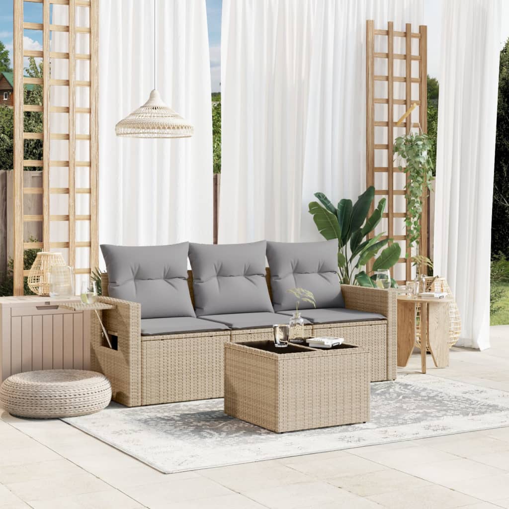 4 Pcs conjunto de sofás para jardim c/ almofadões vime PE bege
