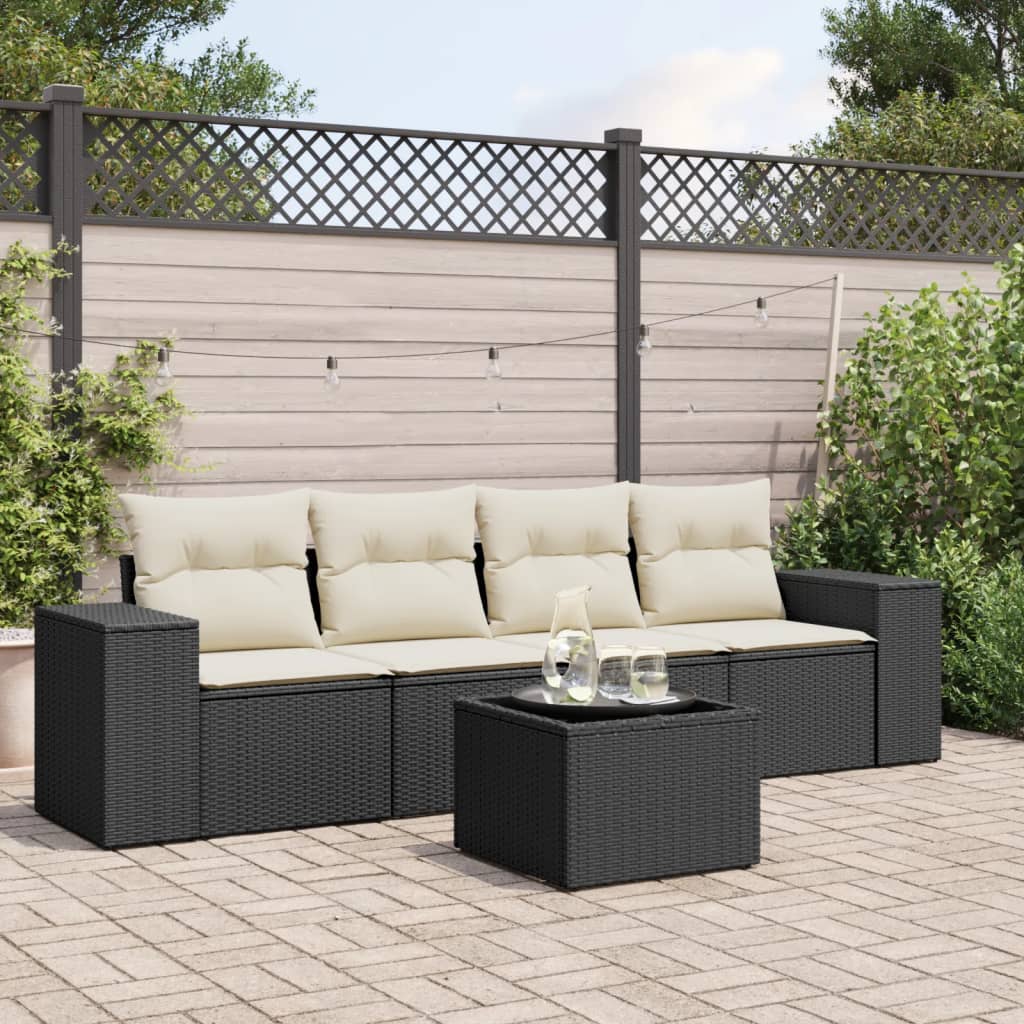 5 Pcs conjunto sofás de jardim com almofadões vime PE preto