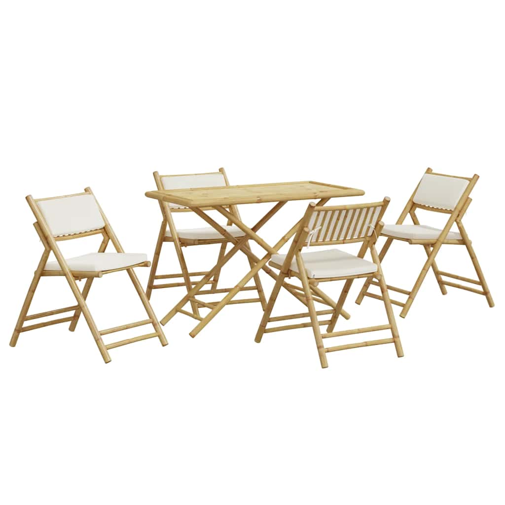 5 Pcs conjunto bistrô dobrável c/ almofadões branco nata bambu