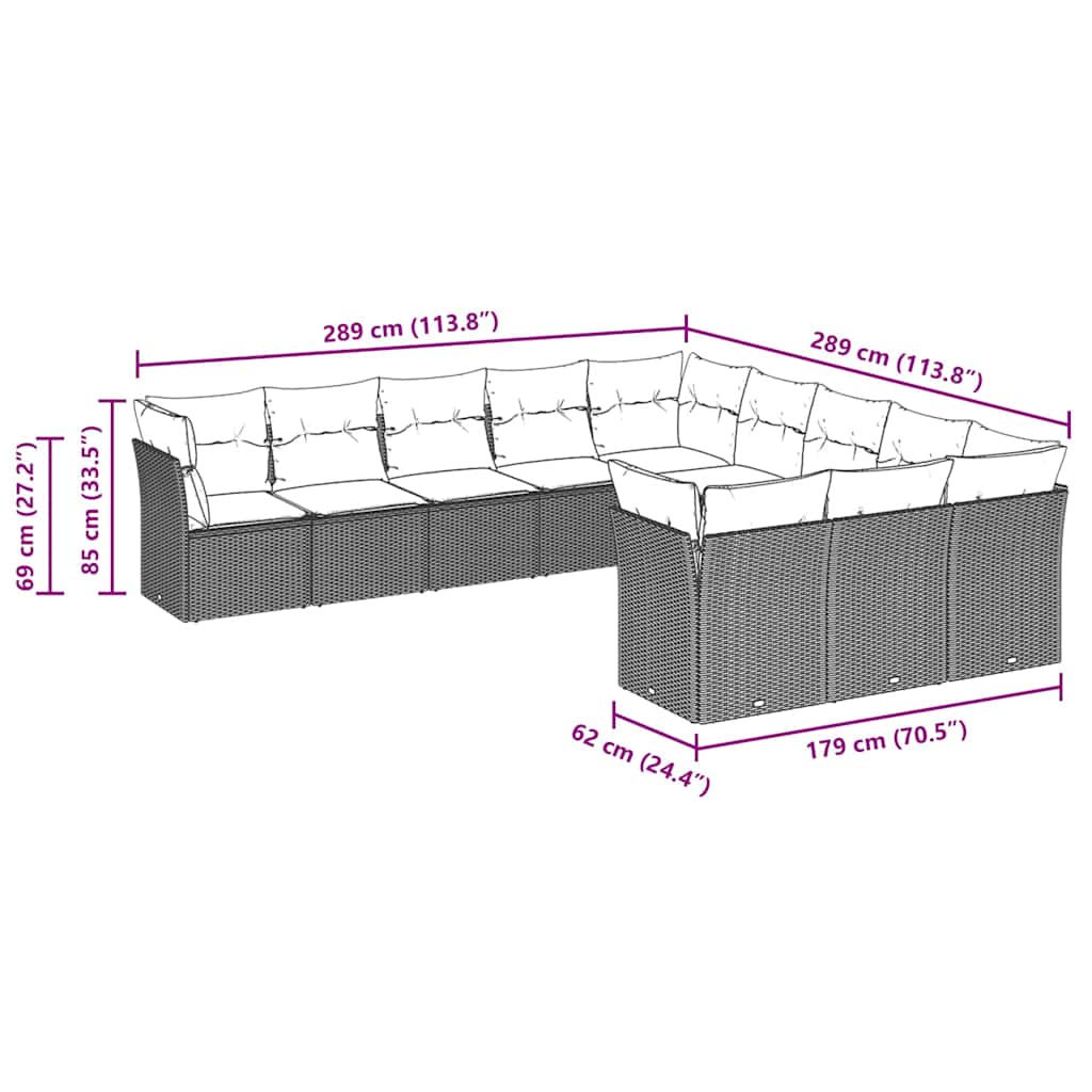 11 Pcs conjunto sofás de jardim c/ almofadões vime PE cinzento