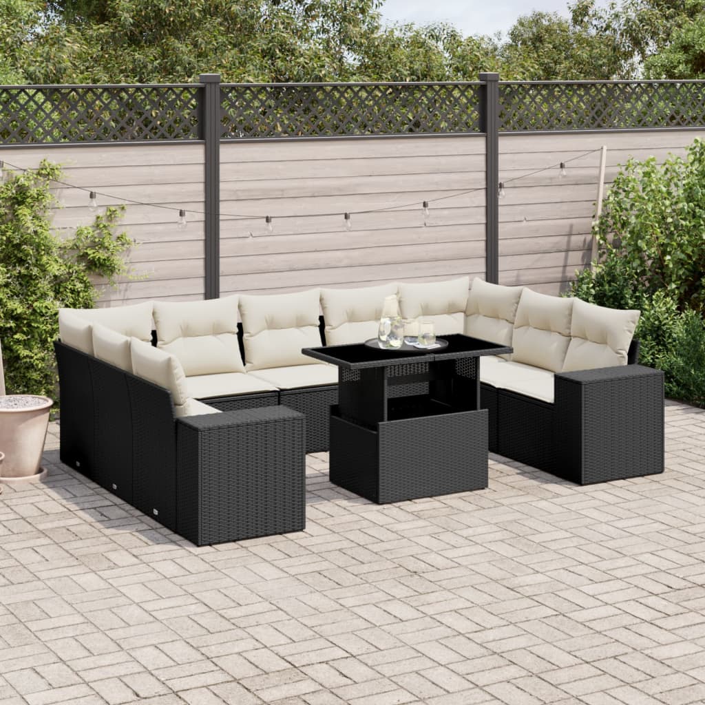 10 Pcs conjunto sofás de jardim c/ almofadões vime PE preto