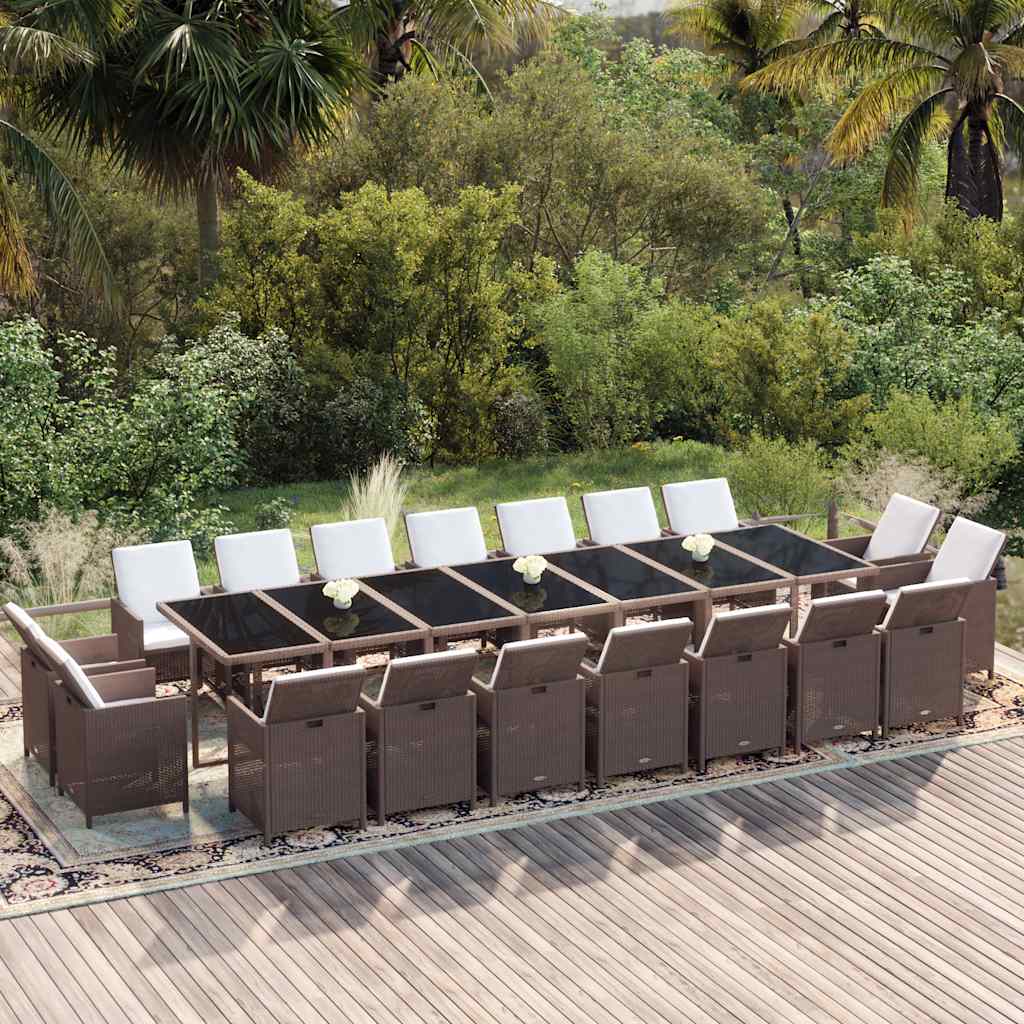 19 Pcs conjunto jantar p/ jardim c/ almofadões vime PE castanho