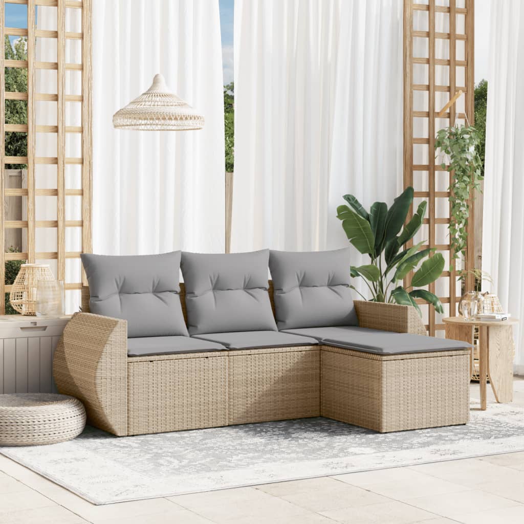 4 Pcs conjunto de sofás para jardim c/ almofadões vime PE bege