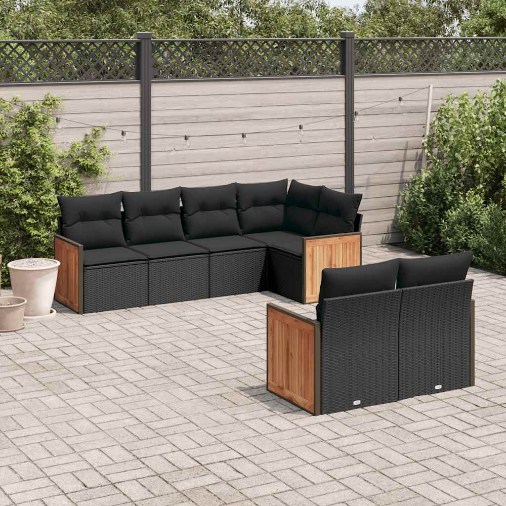 7 Pcs conjunto de sofás p/ jardim c/ almofadões vime PE preto