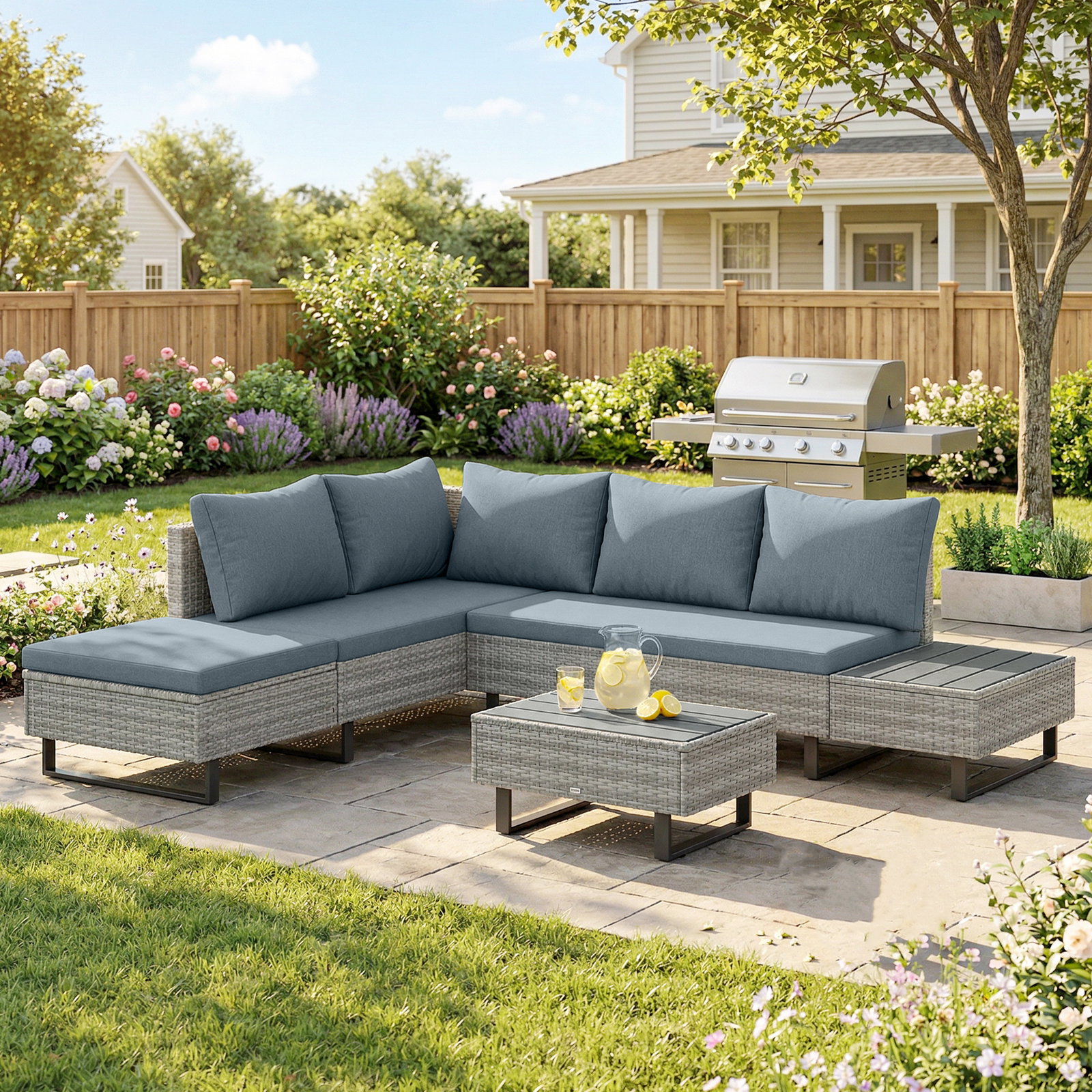 Conjunto de jardim em vime PE de 3 peças com encosto ajustável sofá de 3 lugares sofá de 2 lugares e mesa cinzento