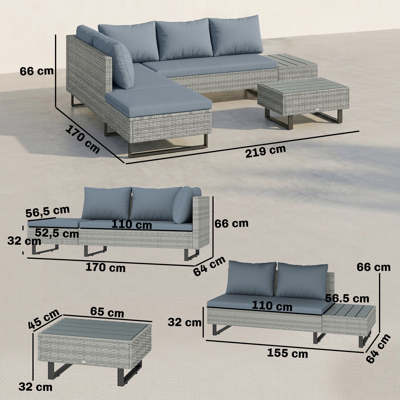 Conjunto de jardim em vime PE de 3 peças com encosto ajustável sofá de 3 lugares sofá de 2 lugares e mesa cinzento